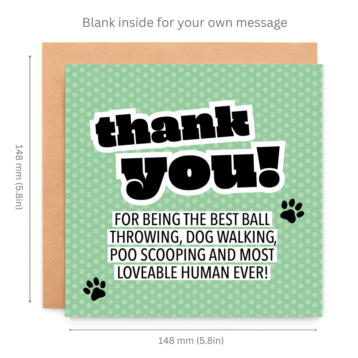Greeting card with 'thank you!' message and dimensions on a white background