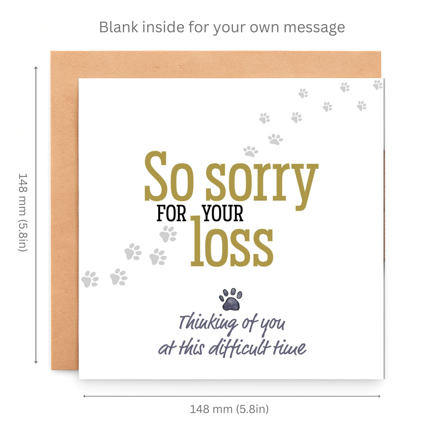 Greeting card with 'So sorry for your loss' text and dimensions on a white background