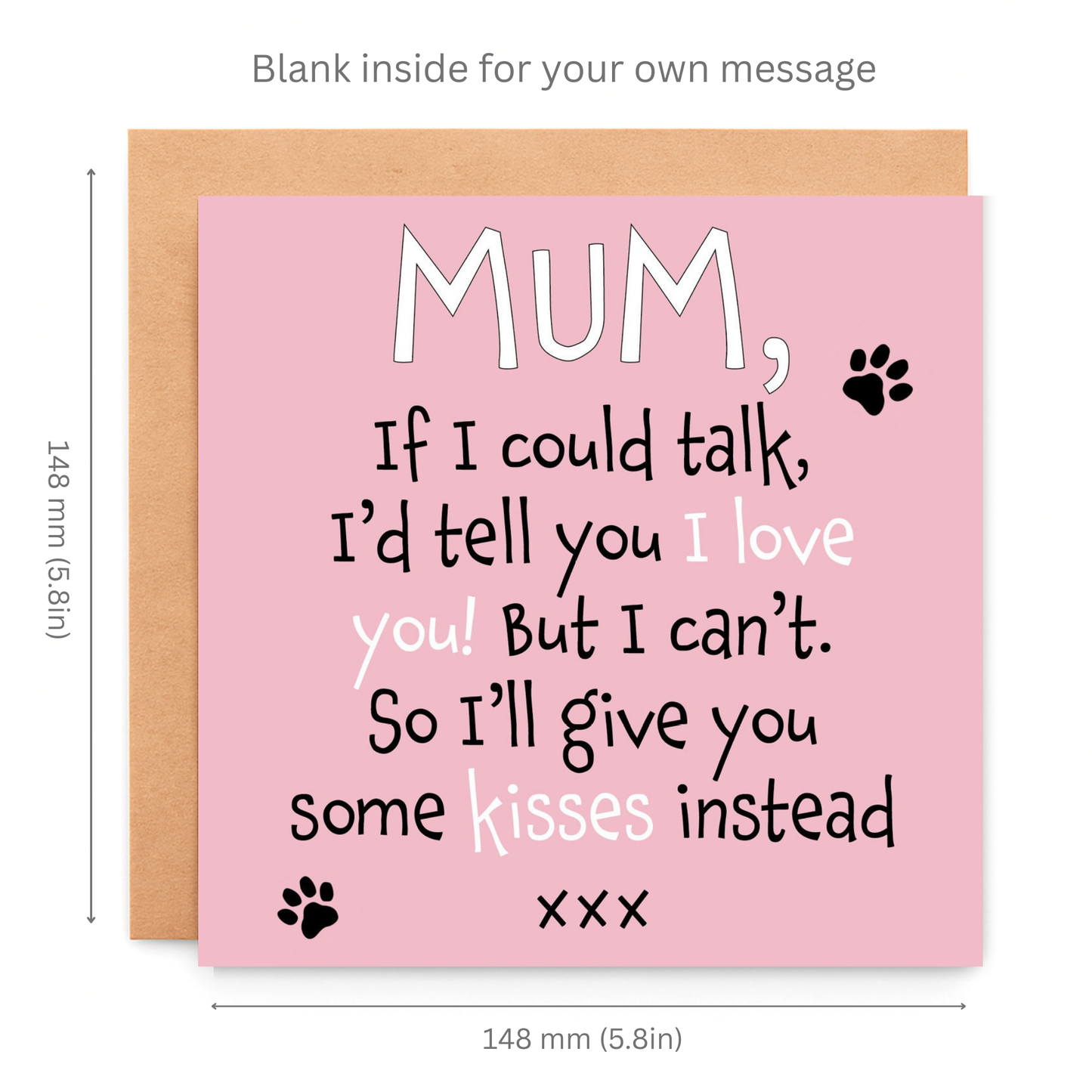 Greeting card for mum with text and dimensions on a white background