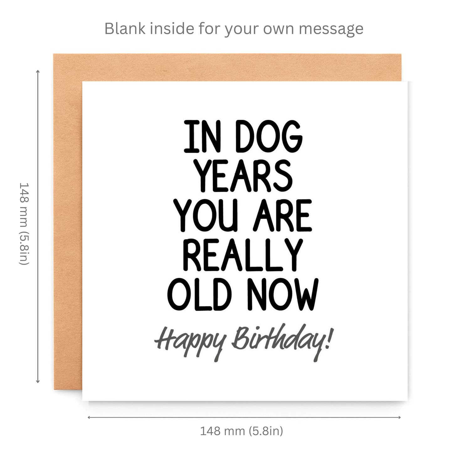 Birthday card with humorous text and dimensions on a white background