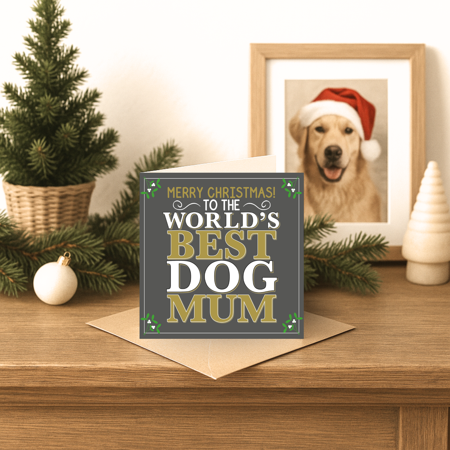 Christmas card for a dog mom with a dog wearing a Santa hat in the background