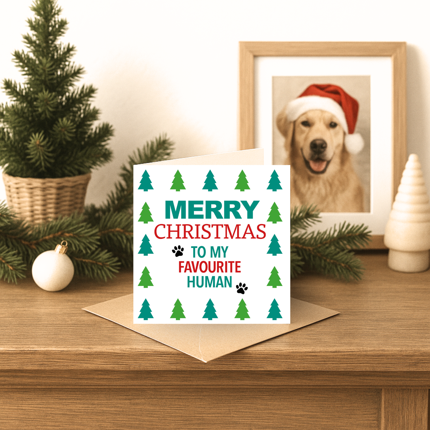 Christmas card with a dog wearing a Santa hat on a wooden surface with festive decorations.