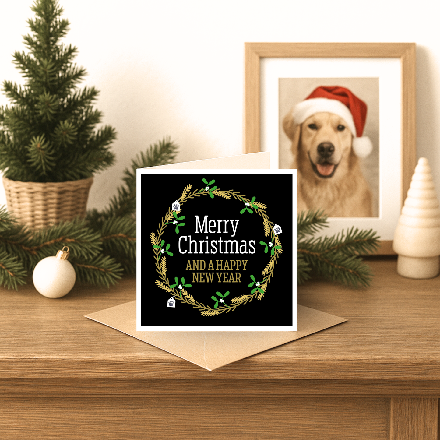 Christmas card with wreath design on a wooden surface with festive decorations.