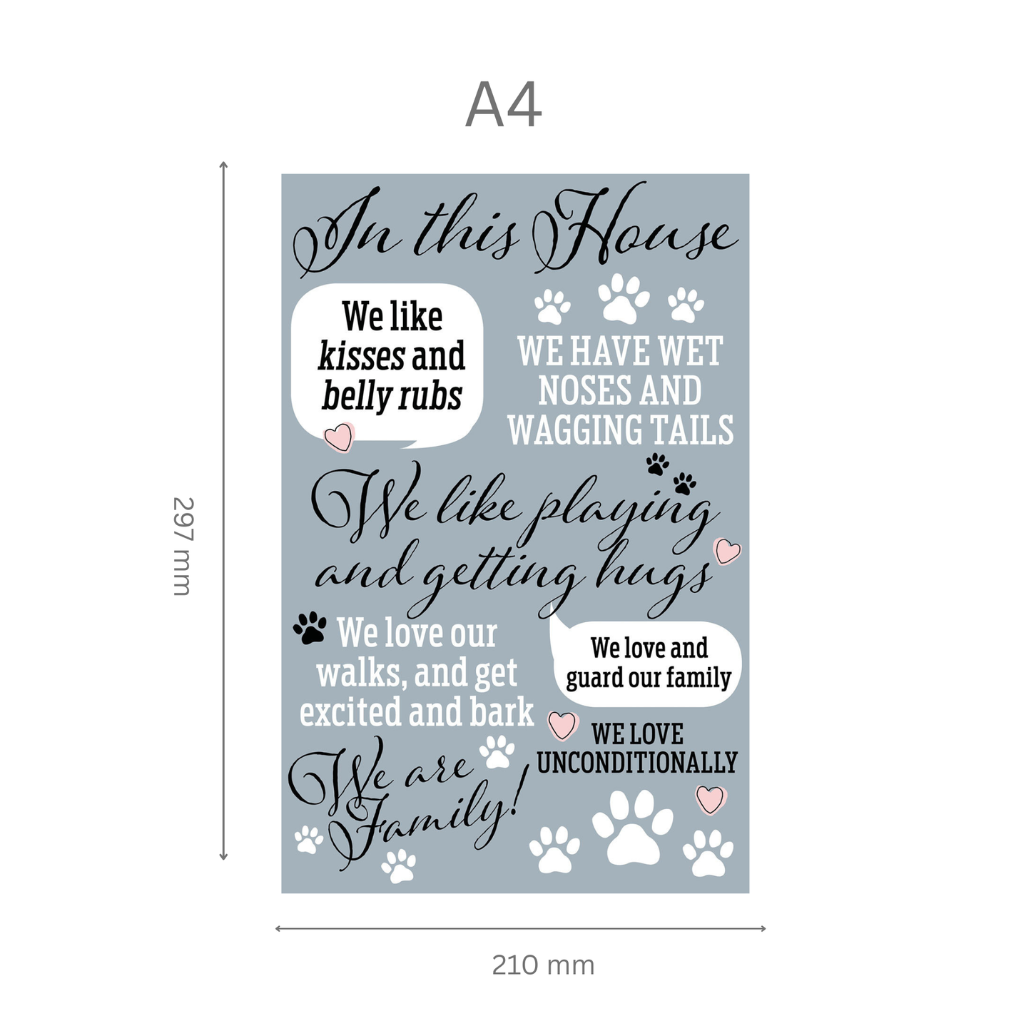 Decorative sign with text and paw prints on a light blue background