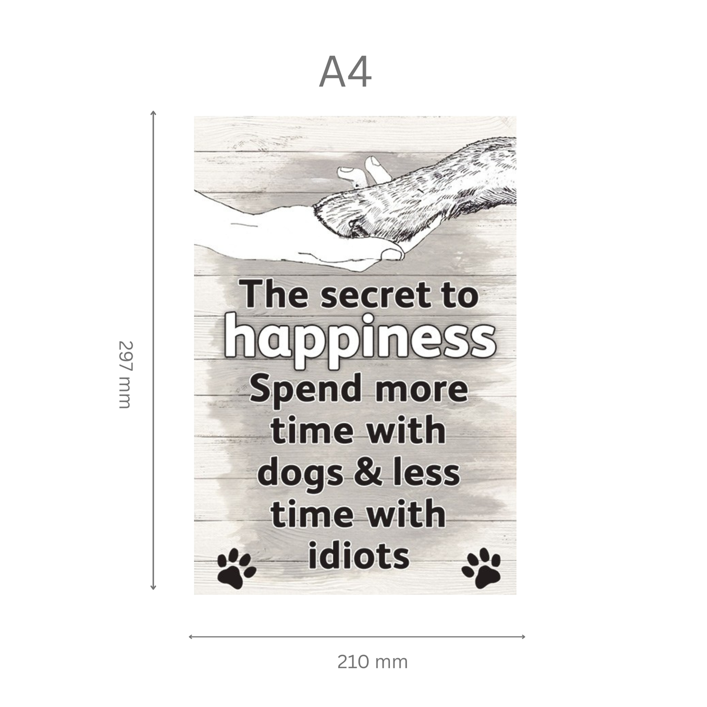 Poster with motivational quote about dogs and dimensions on a white background