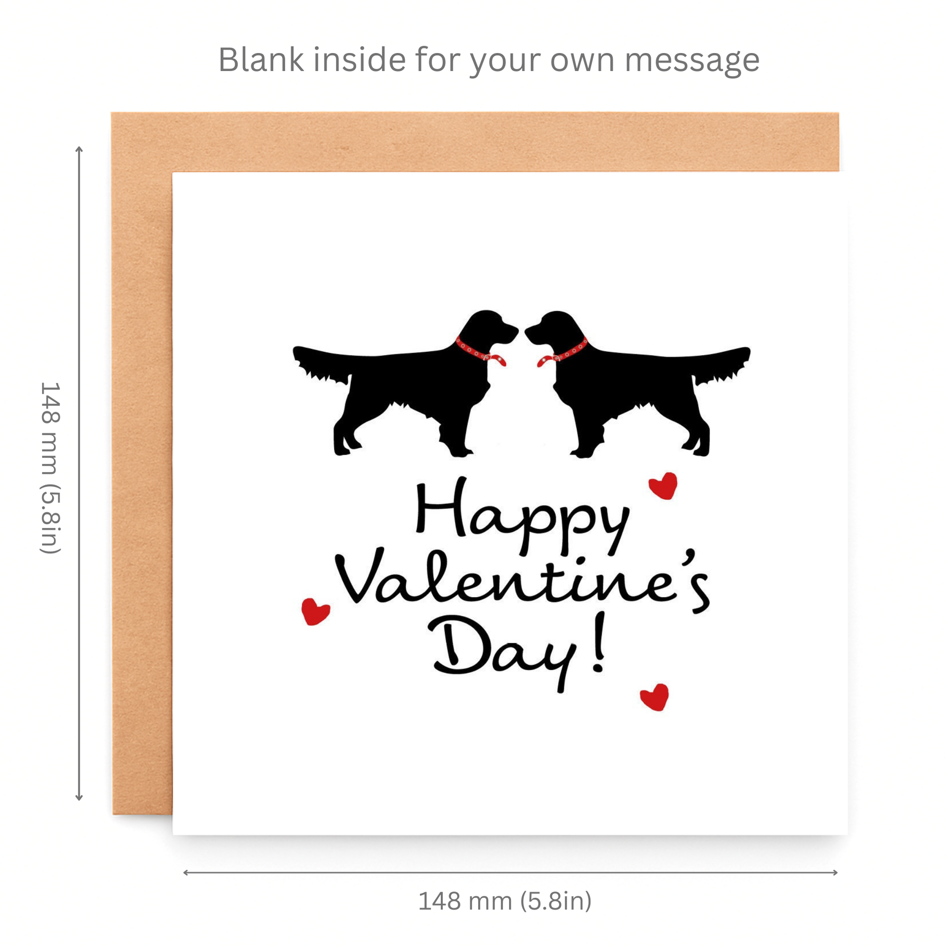 Valentine's Day card with two dogs and 'Happy Valentine's Day!' text, dimensions indicated.
