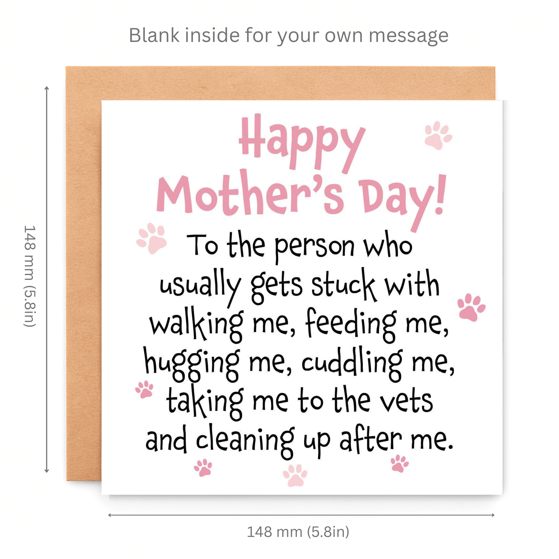 Mother's Day card for a pet owner with dimensions and text.