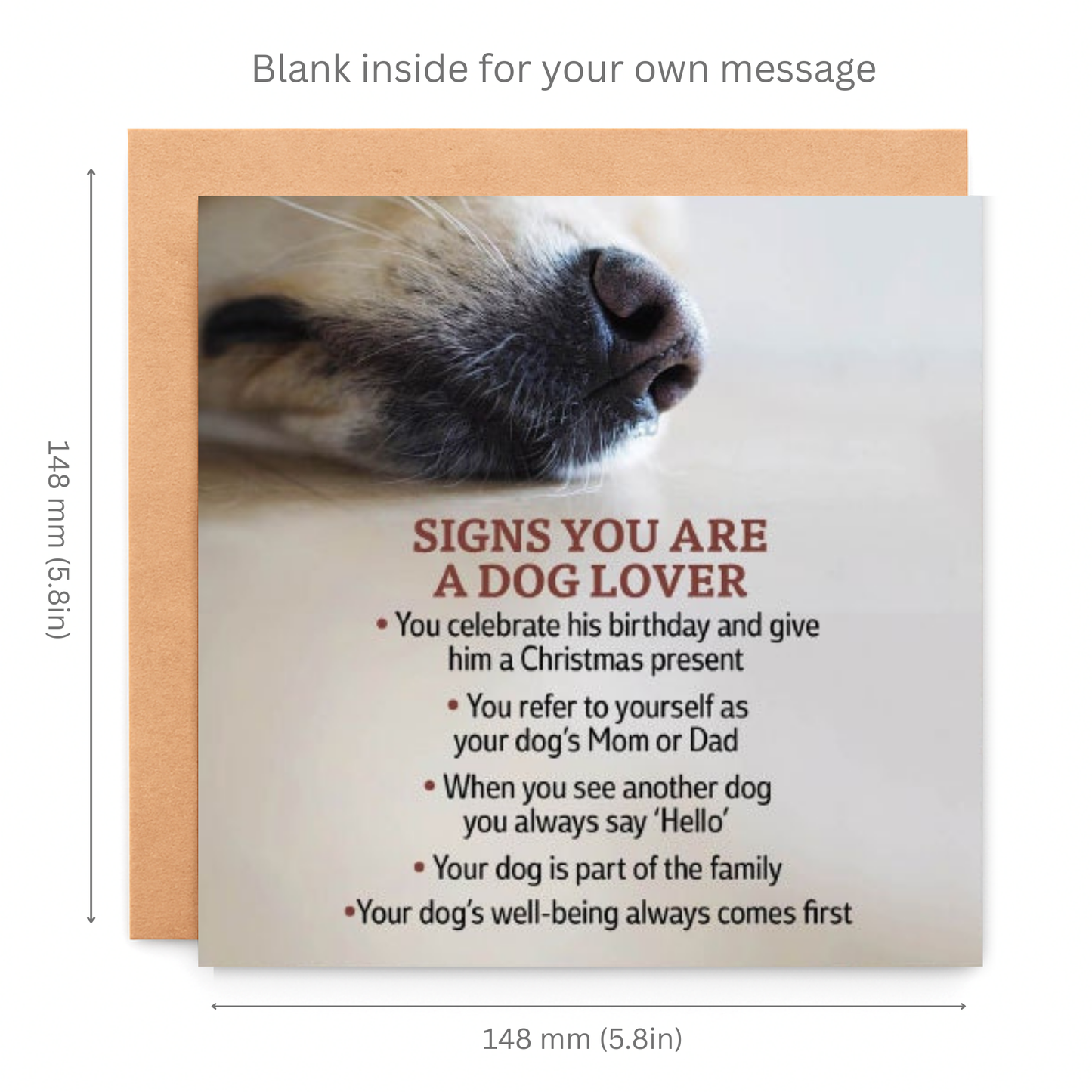 Card with dog's nose and text about signs you are a dog lover, with dimensions indicated.