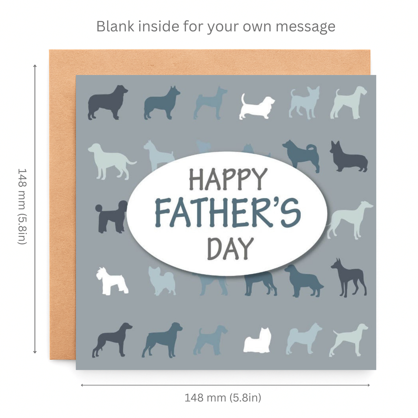 Father's Day card with dog illustrations and dimensions on a white background
