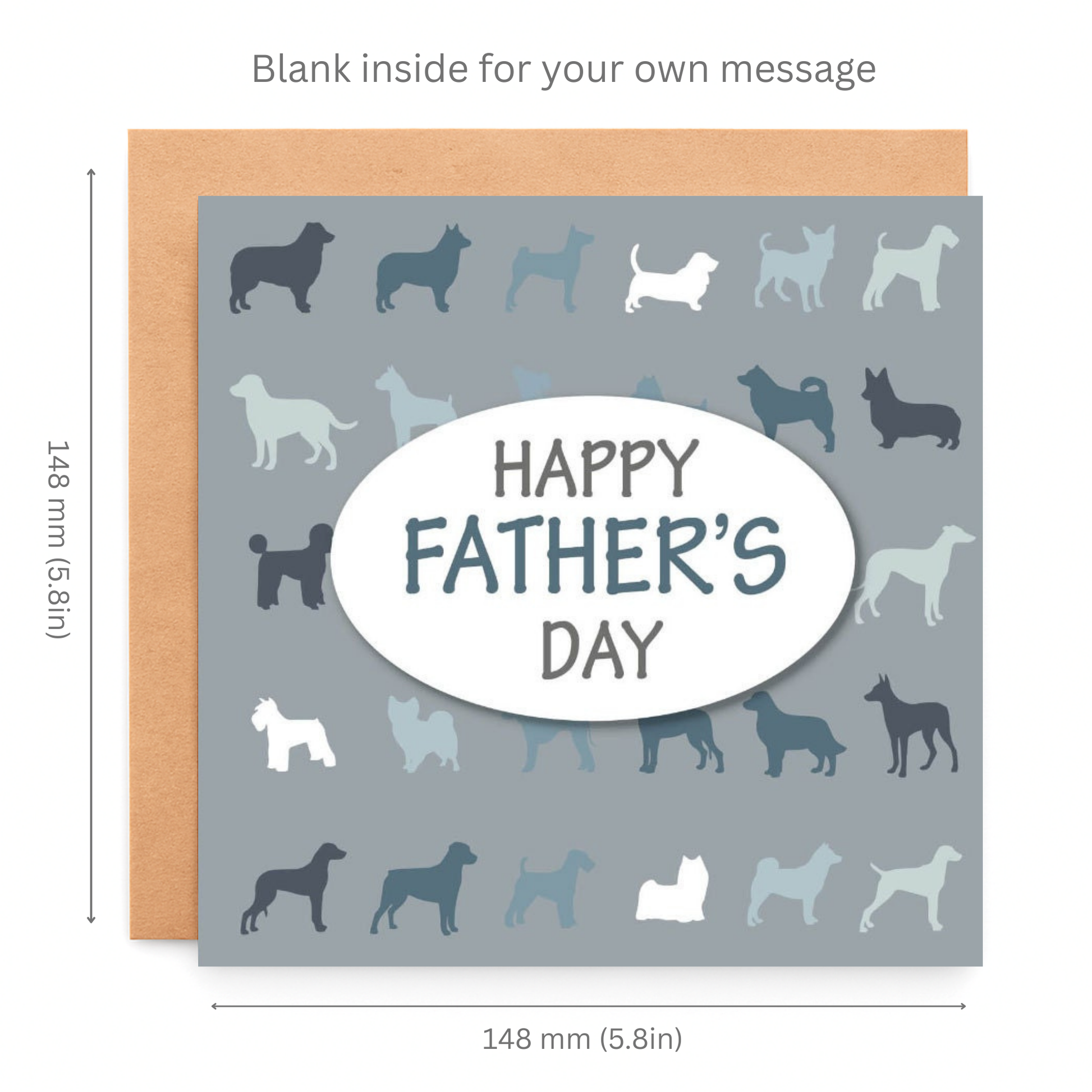 Father's Day card with dog illustrations and dimensions on a white background