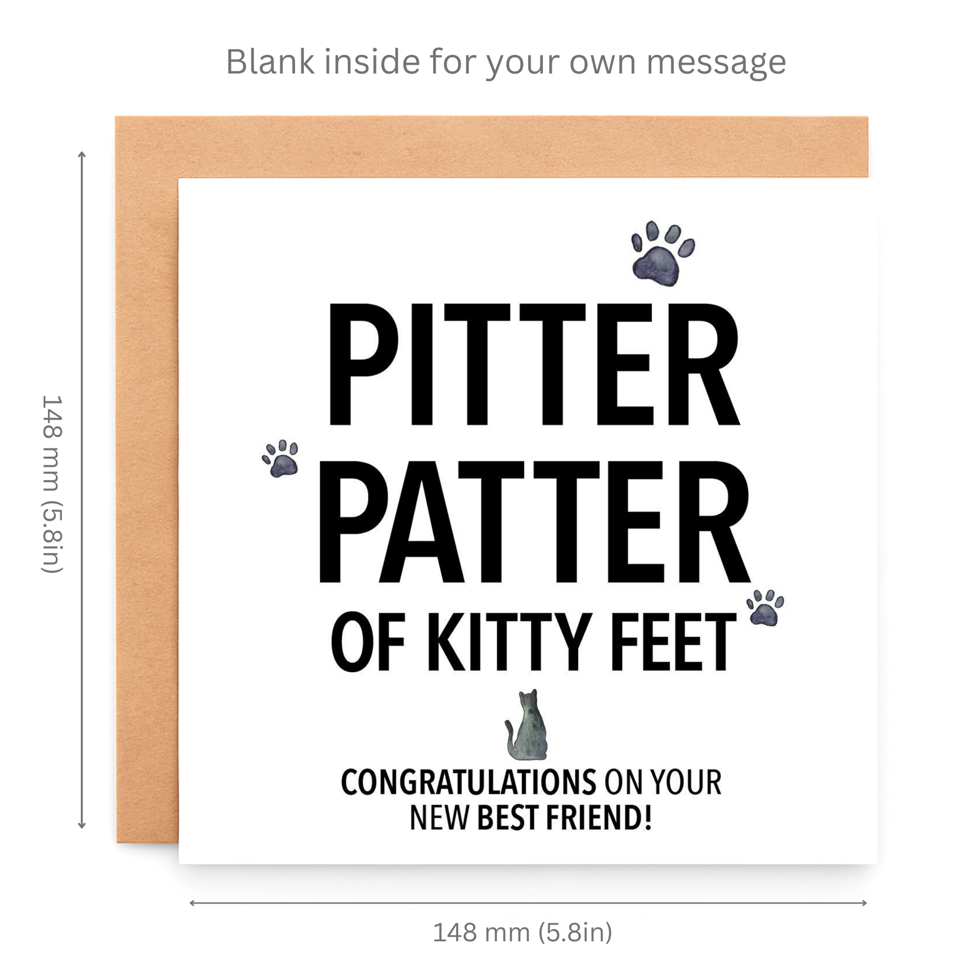 Greeting card with text 'Pitter patter of kitty feet' and dimensions on a white background