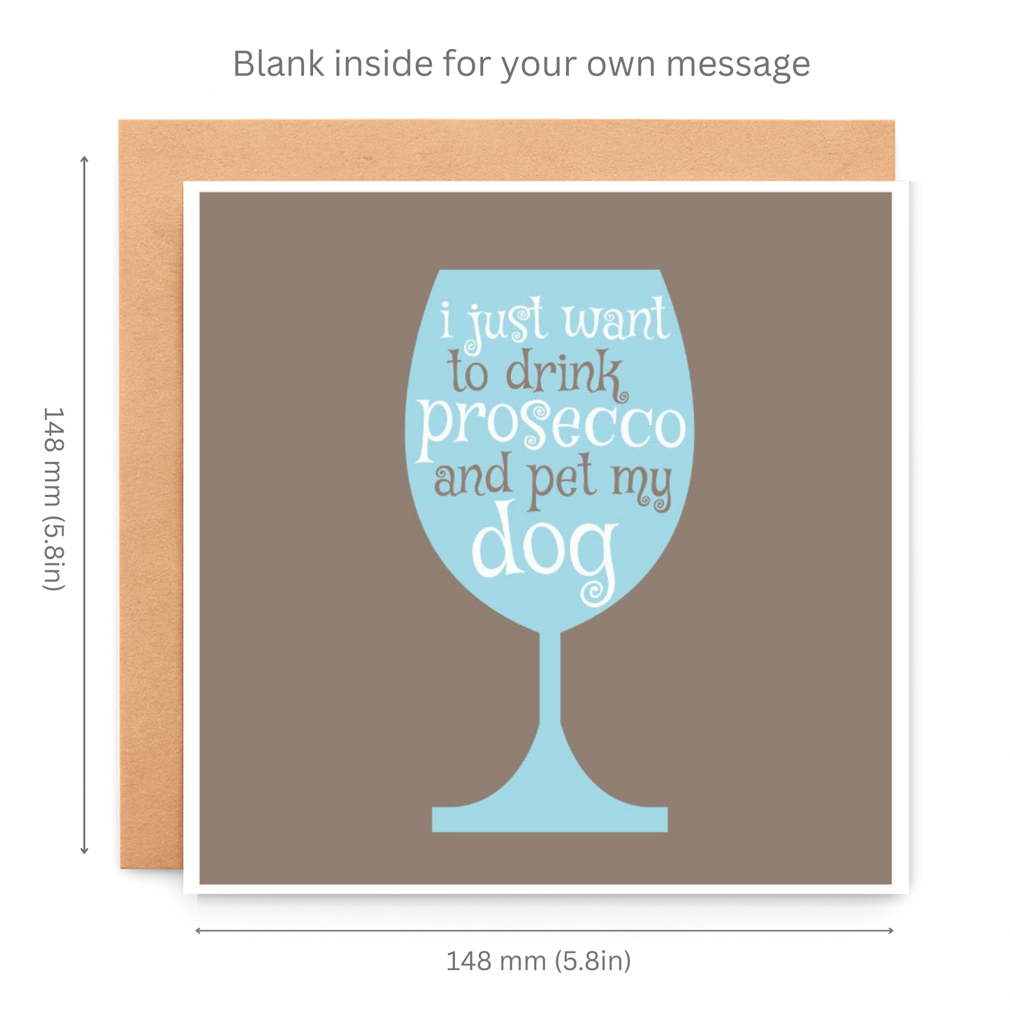 Greeting card with blue wine glass design and text on a brown background