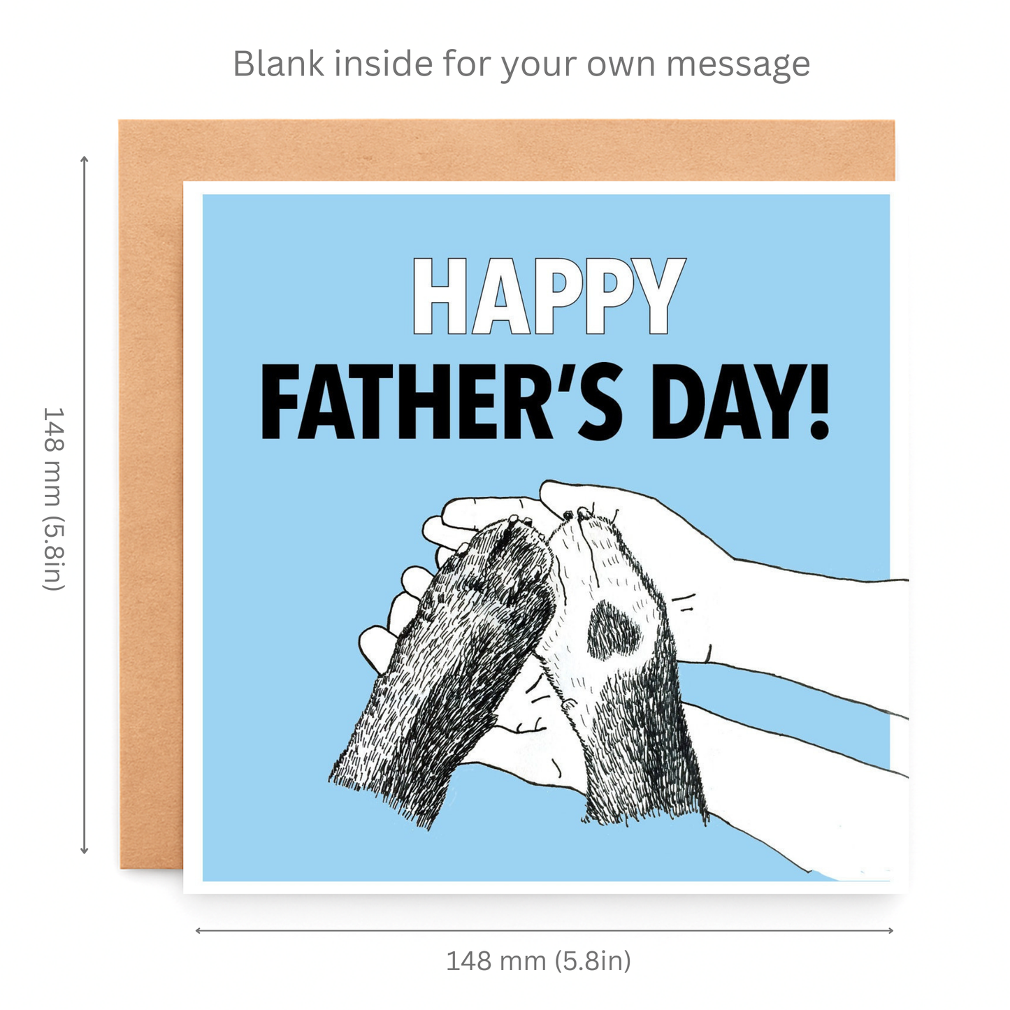 Father's Day card with illustration of a hand holding a dog's paw, dimensions indicated.