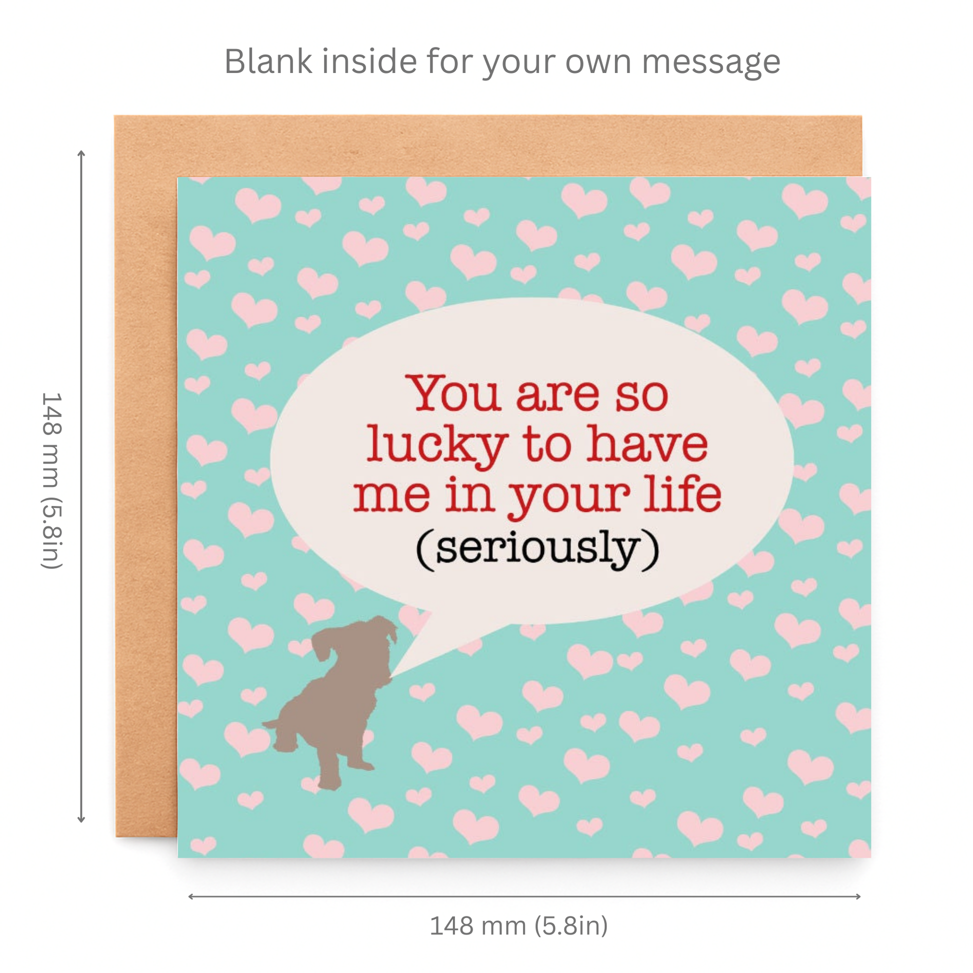 Greeting card with heart pattern and text 'You are so lucky to have me in your life (seriously)' on a light blue background.