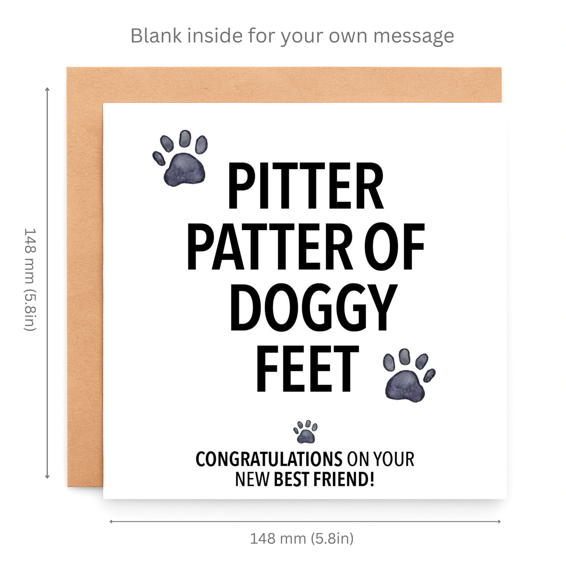 Greeting card with text 'Pitter patter of doggy feet' and dimensions on a white background