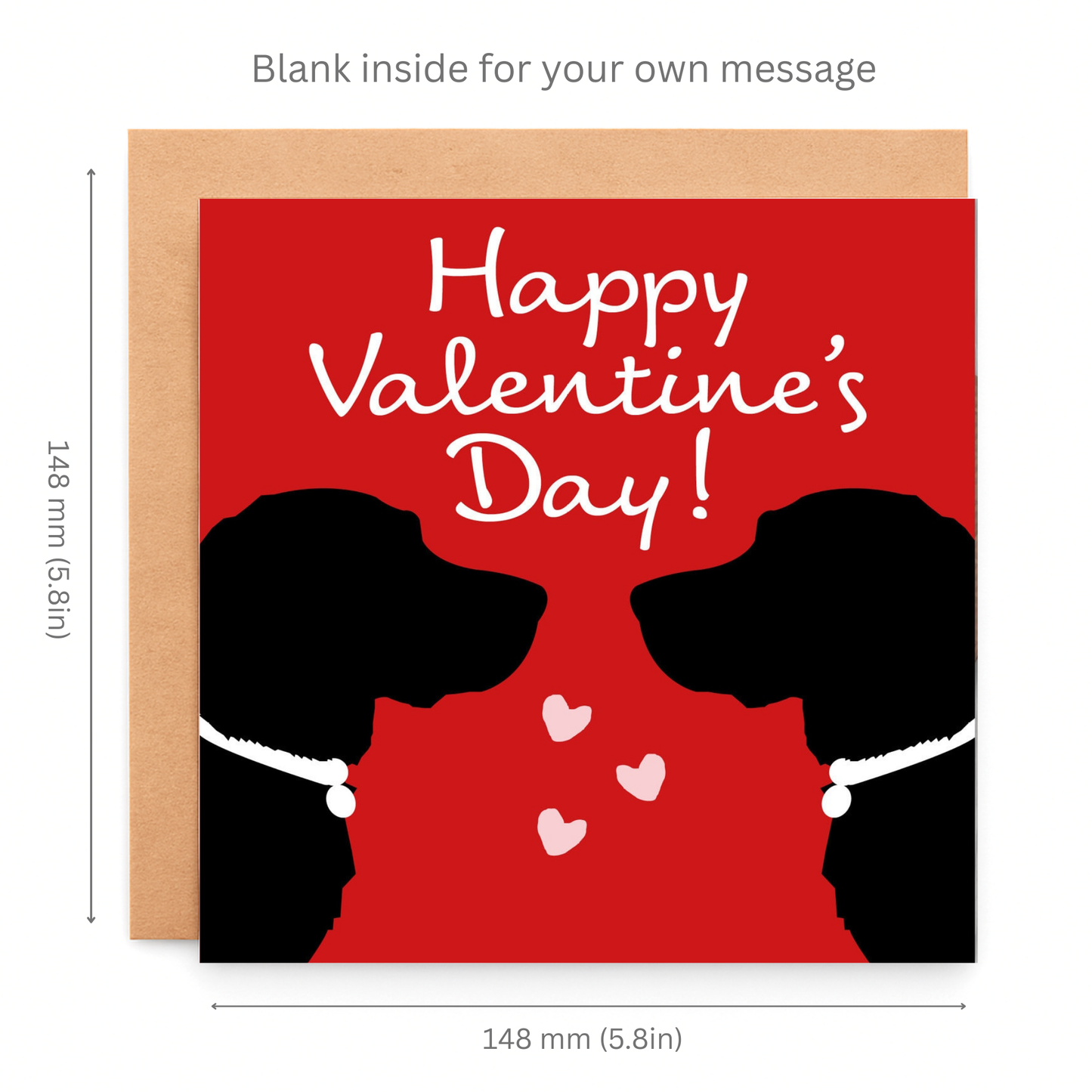 Valentine's Day card with dog silhouettes and hearts on a red background