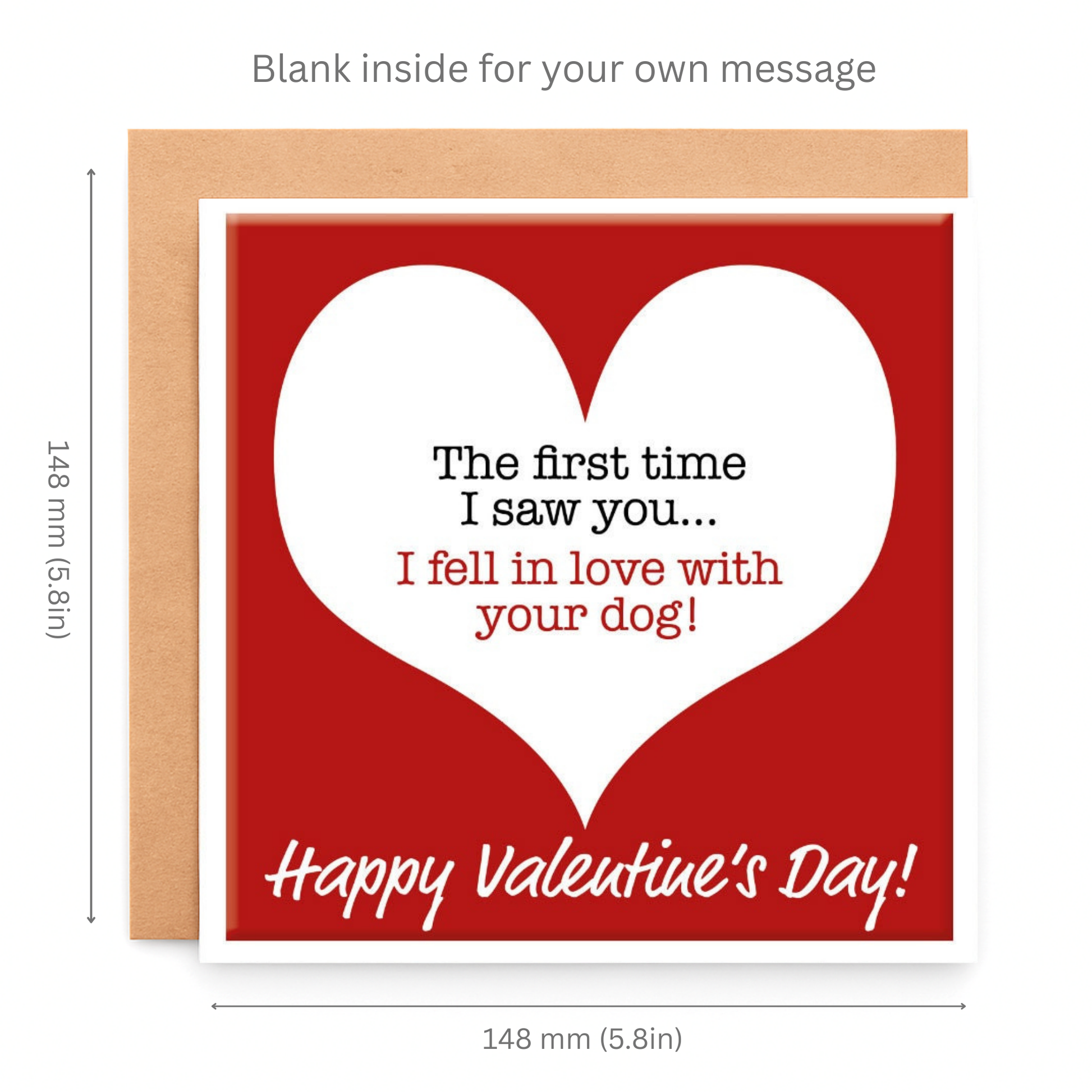 Valentine's Day card with a red heart and humorous message, dimensions shown.