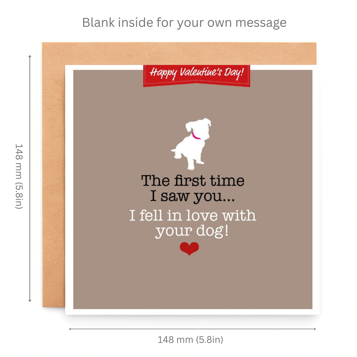 Valentine's Day card with a dog illustration and humorous text, dimensions shown.