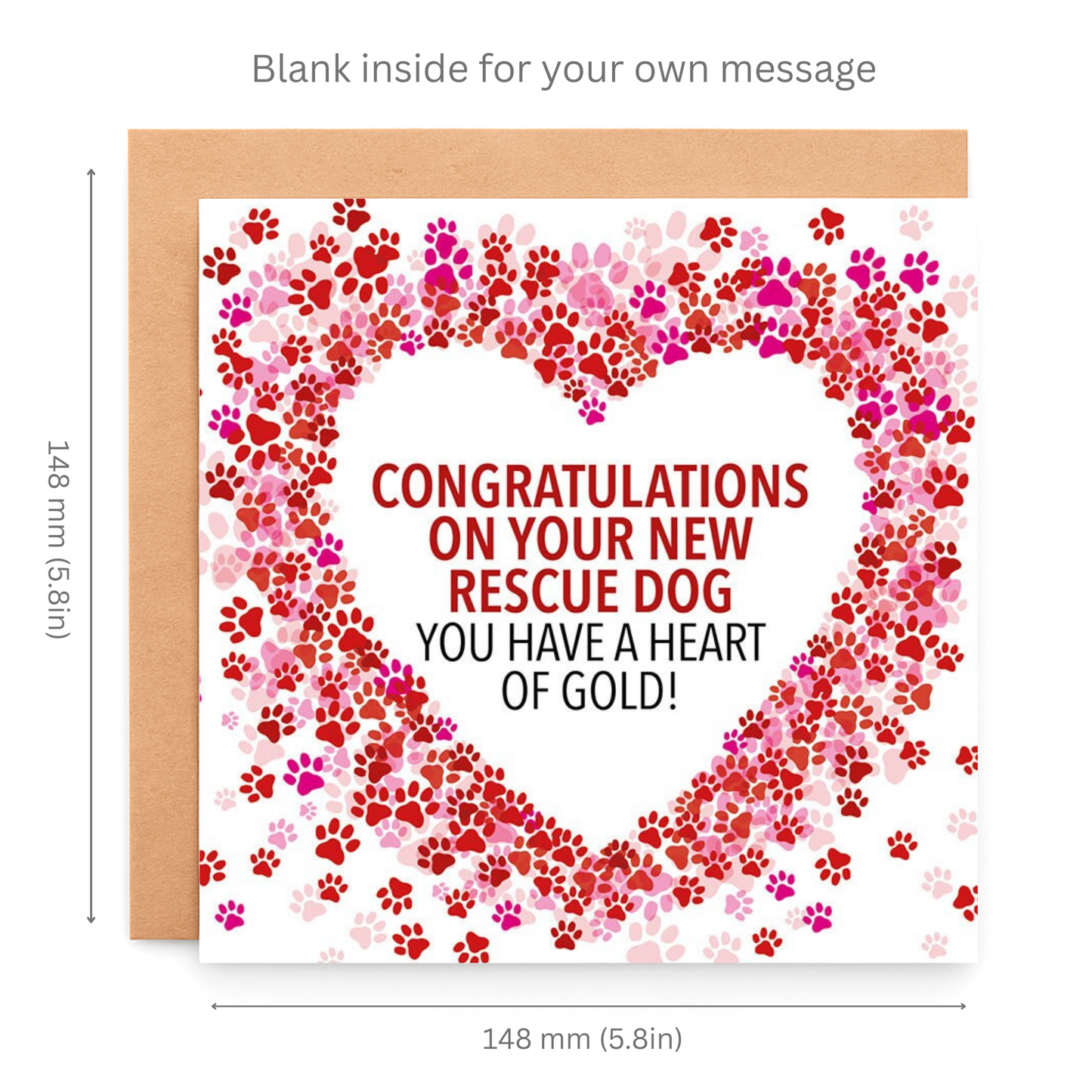 Greeting card with paw print design and text about a new rescue dog, with dimensions indicated.