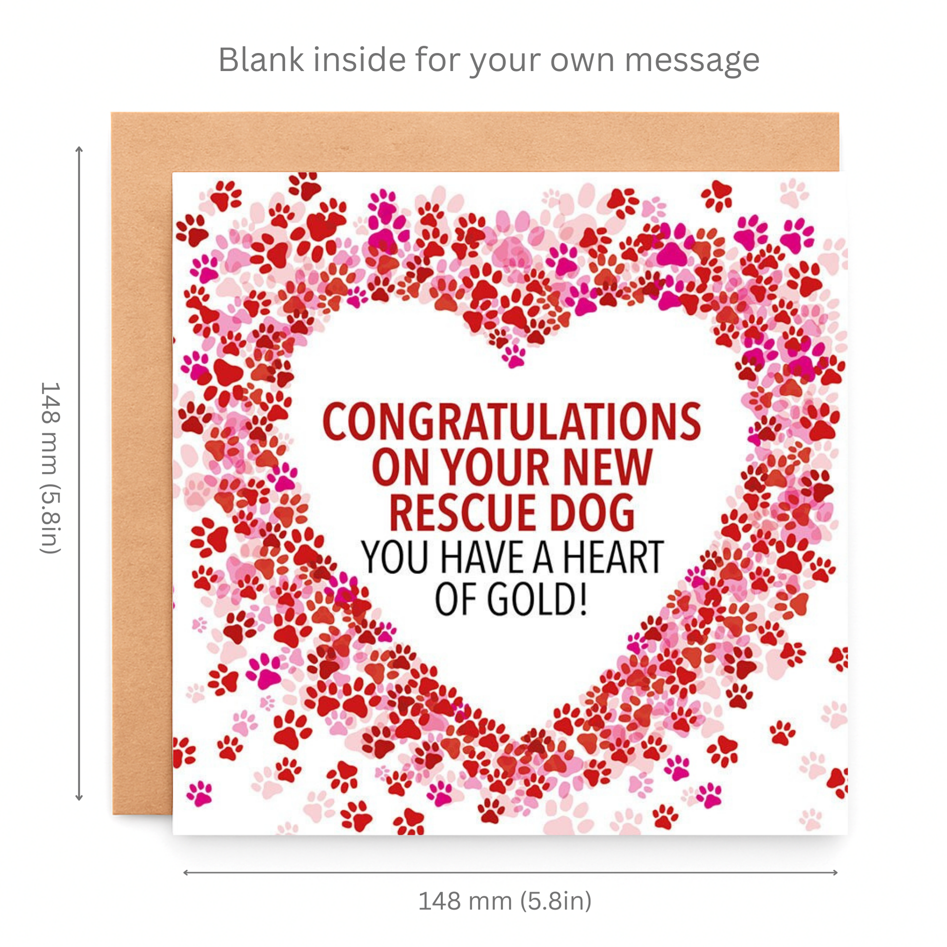 Greeting card with paw print design and text about a new rescue dog, with dimensions indicated.