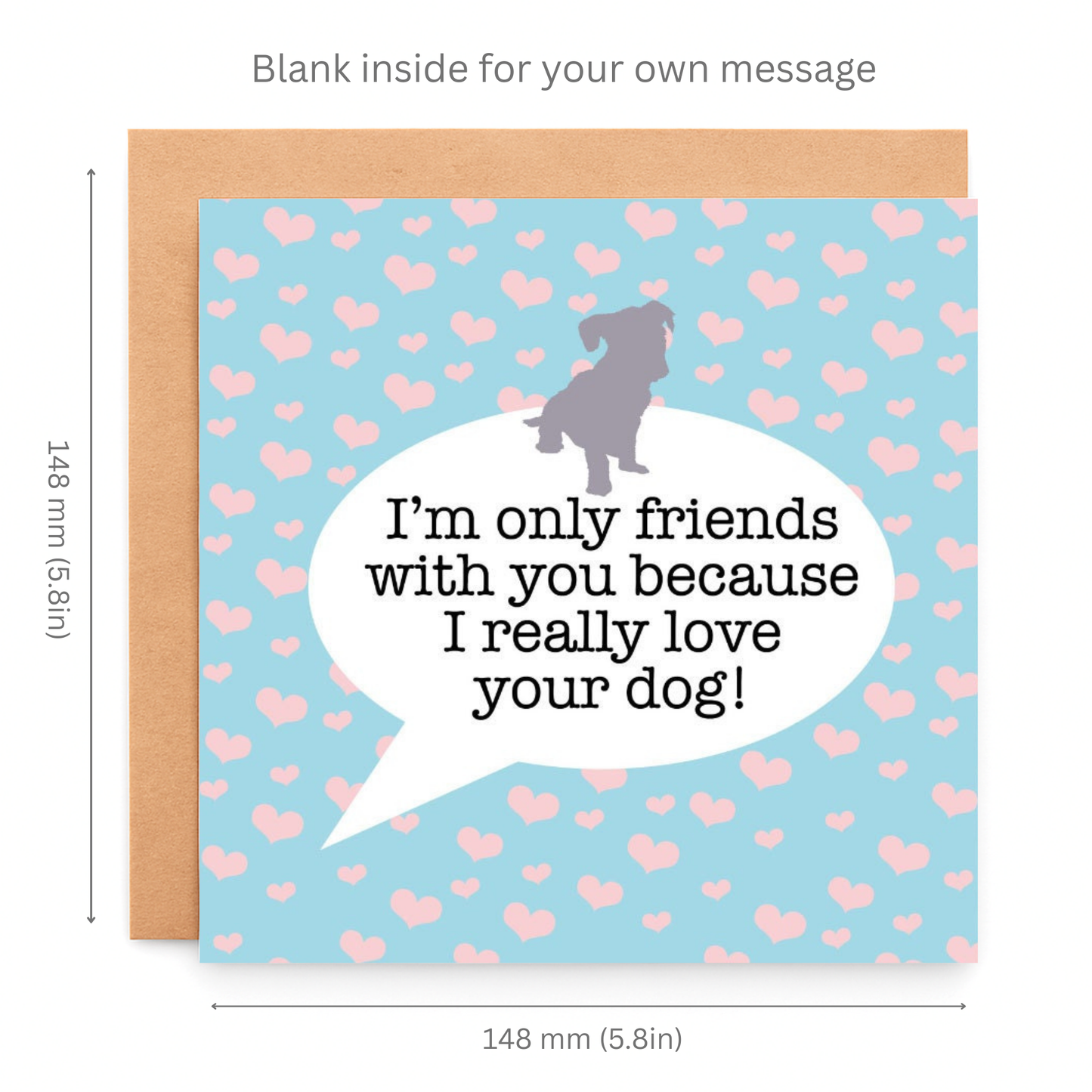 Greeting card with heart pattern and dog silhouette, dimensions shown.