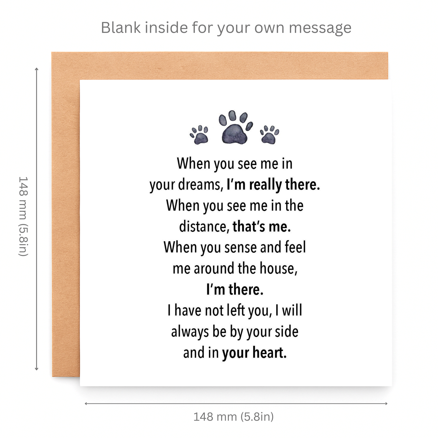 Greeting card with paw prints and a message for pets, with dimensions indicated.