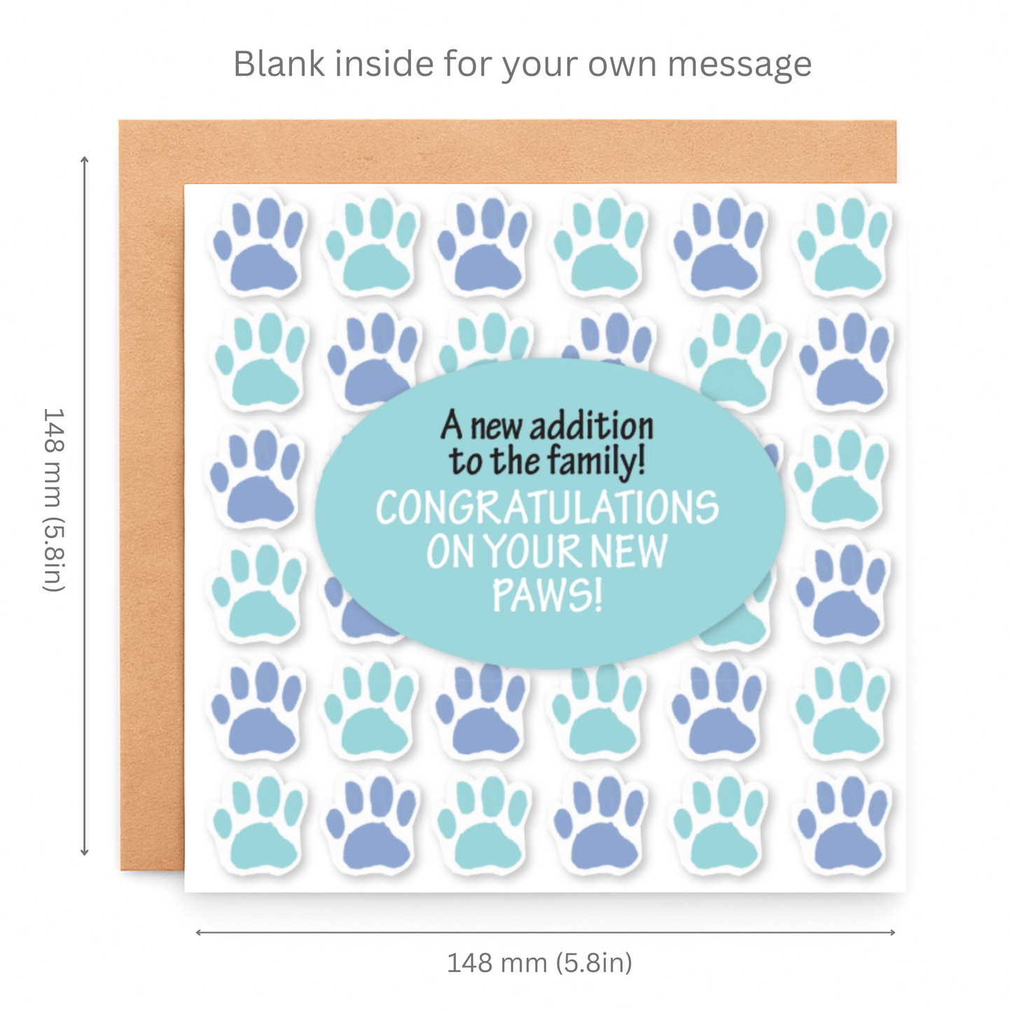 Greeting card with paw prints and text 'Congratulations on your new paws!' on a white background.