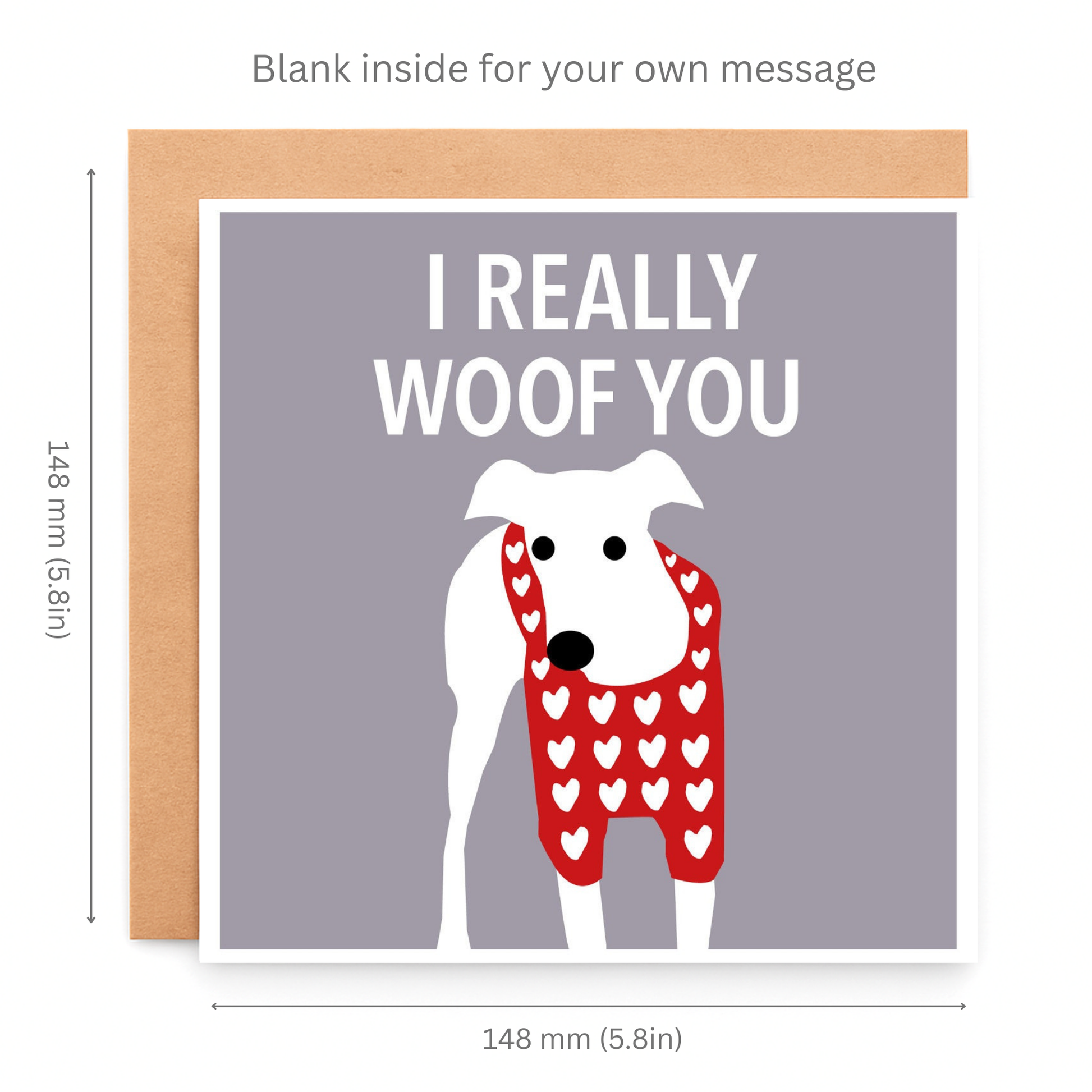 Greeting card with a dog illustration and text 'I REALLY WOOF YOU' on a gray background, with dimensions provided.