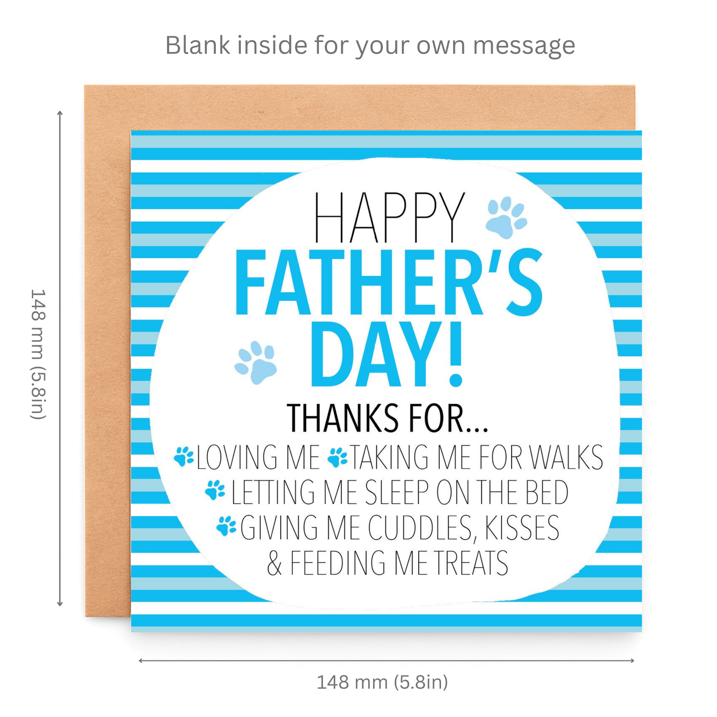Father's Day card with blue stripes and text for a pet, dimensions included.