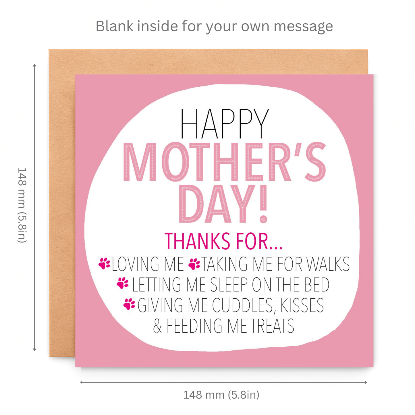 Mother's Day card with pink border and white text area, dimensions shown.