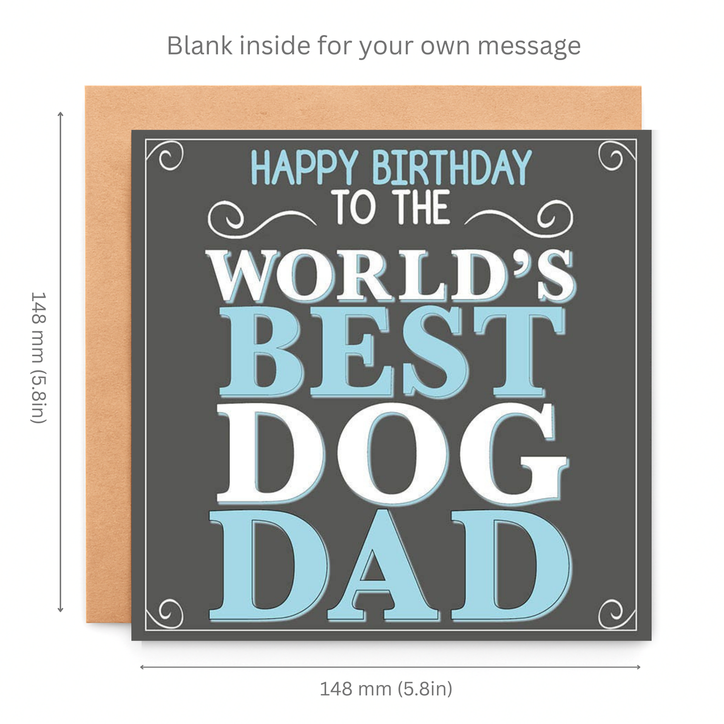 Greeting card with 'Happy Birthday to the World's Best Dog Dad' text on a gray background