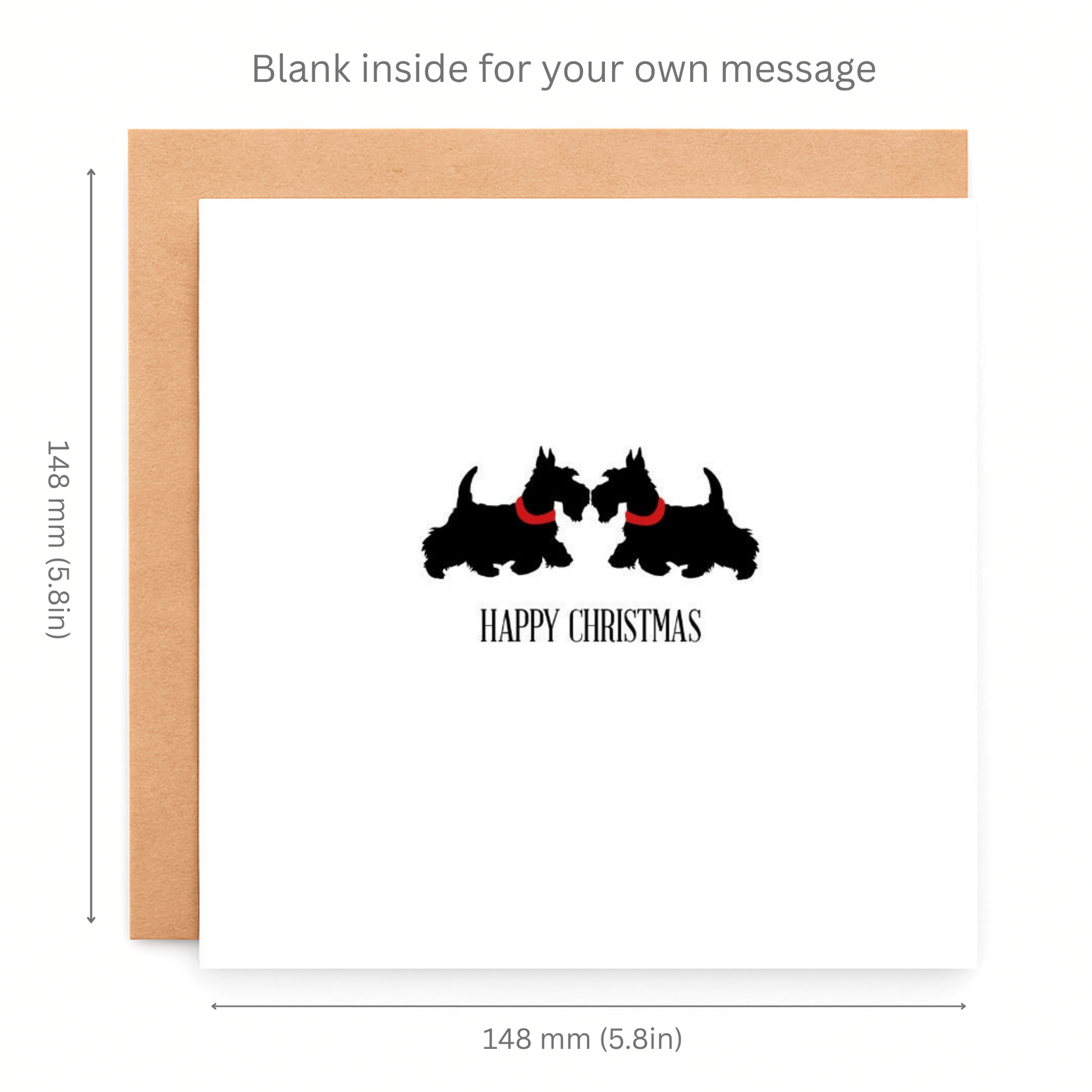 Greeting card with two black dog silhouettes and 'Happy Christmas' text, on a white background with brown border.