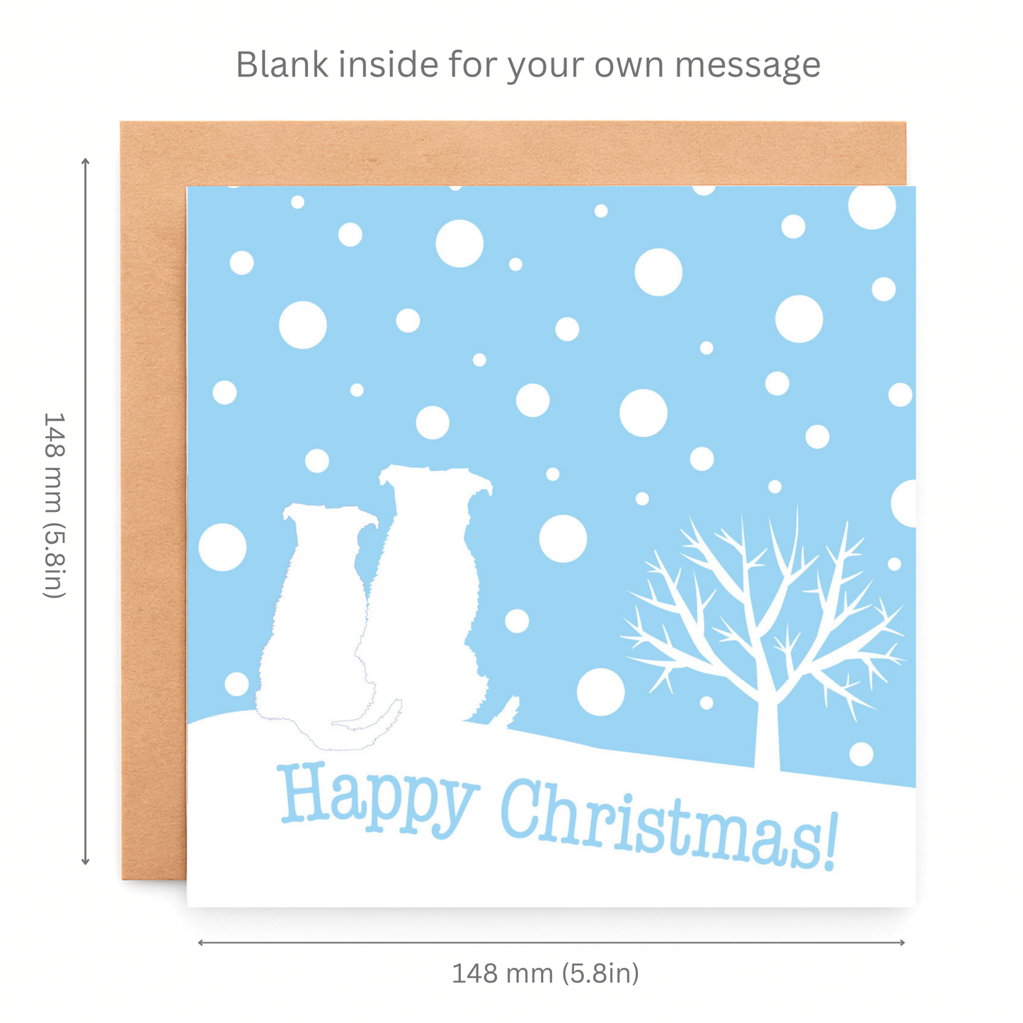 Christmas card with two dogs and a tree on a blue snowy background, dimensions indicated.
