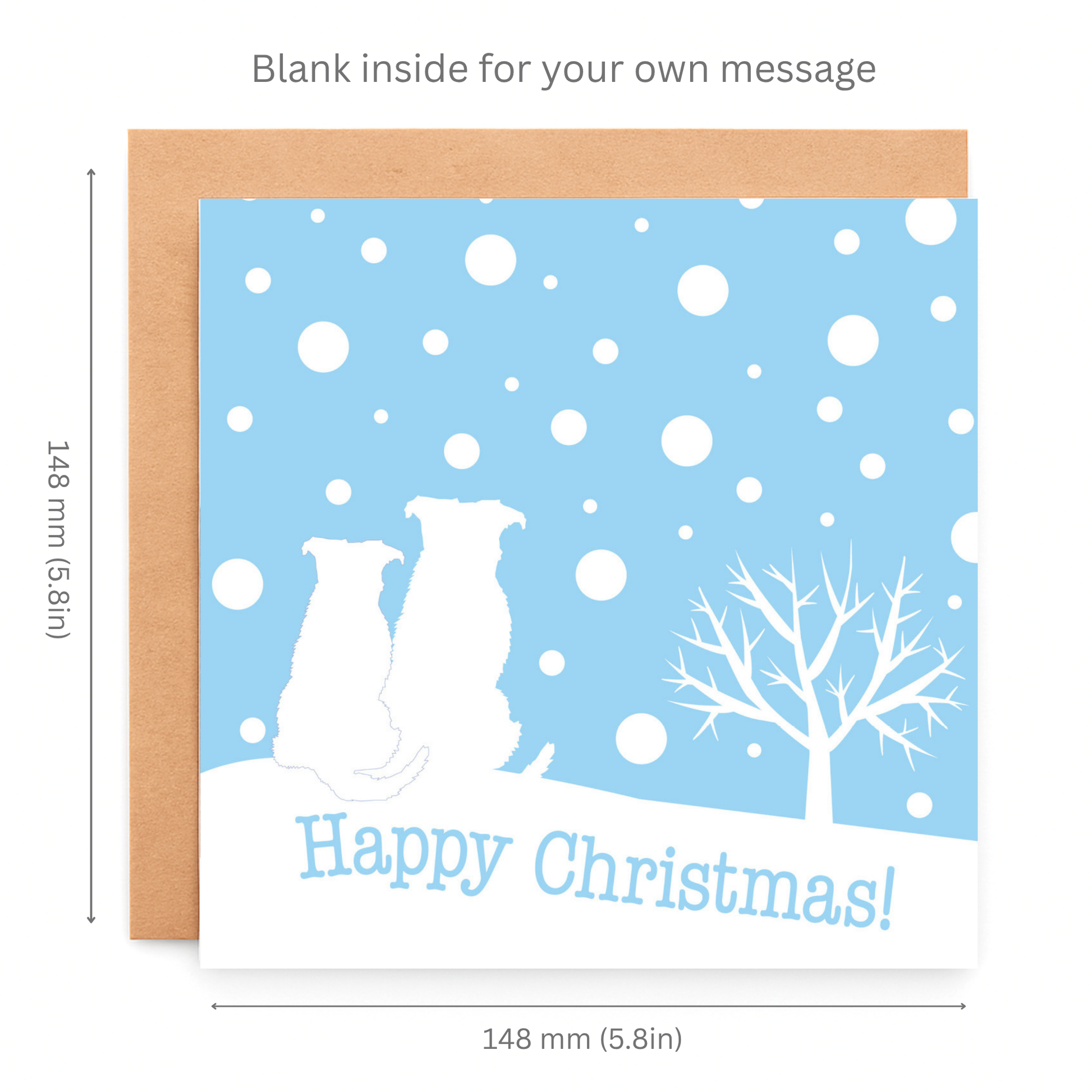 Christmas card with two dogs and a tree on a blue snowy background, dimensions indicated.