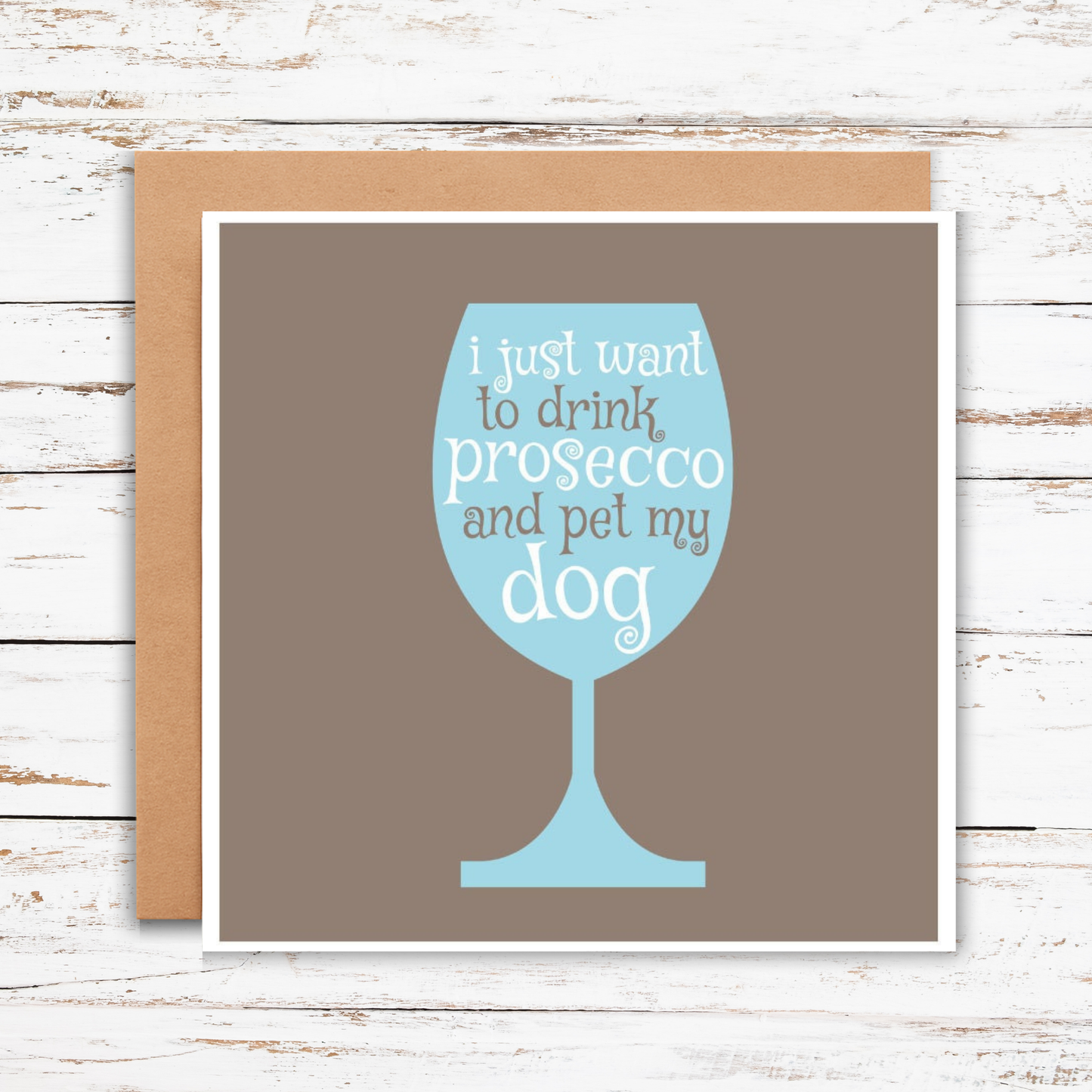 Card with a blue wine glass design and text on a brown background
