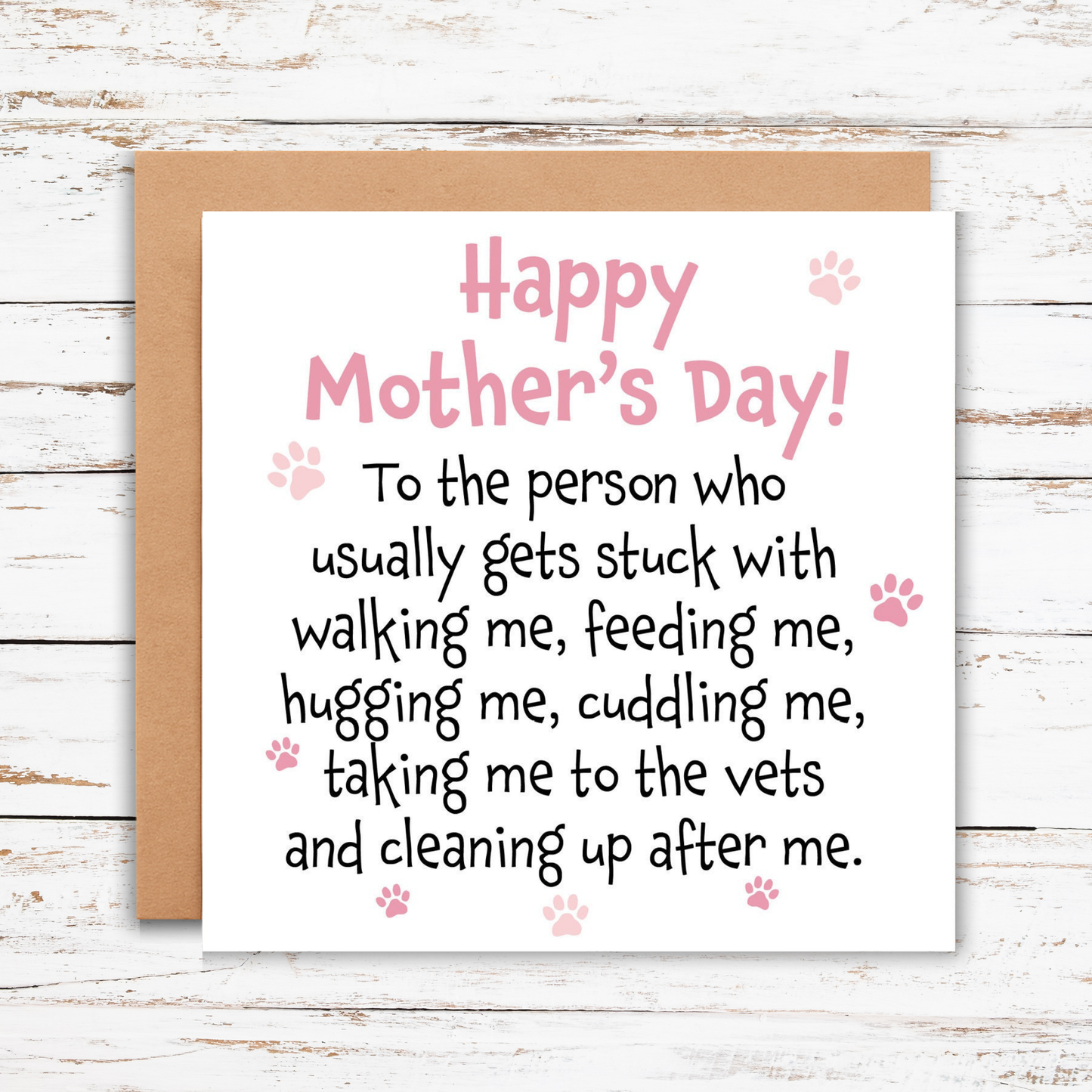 Mother's Day card for a pet owner with pink text and paw prints on a wooden background