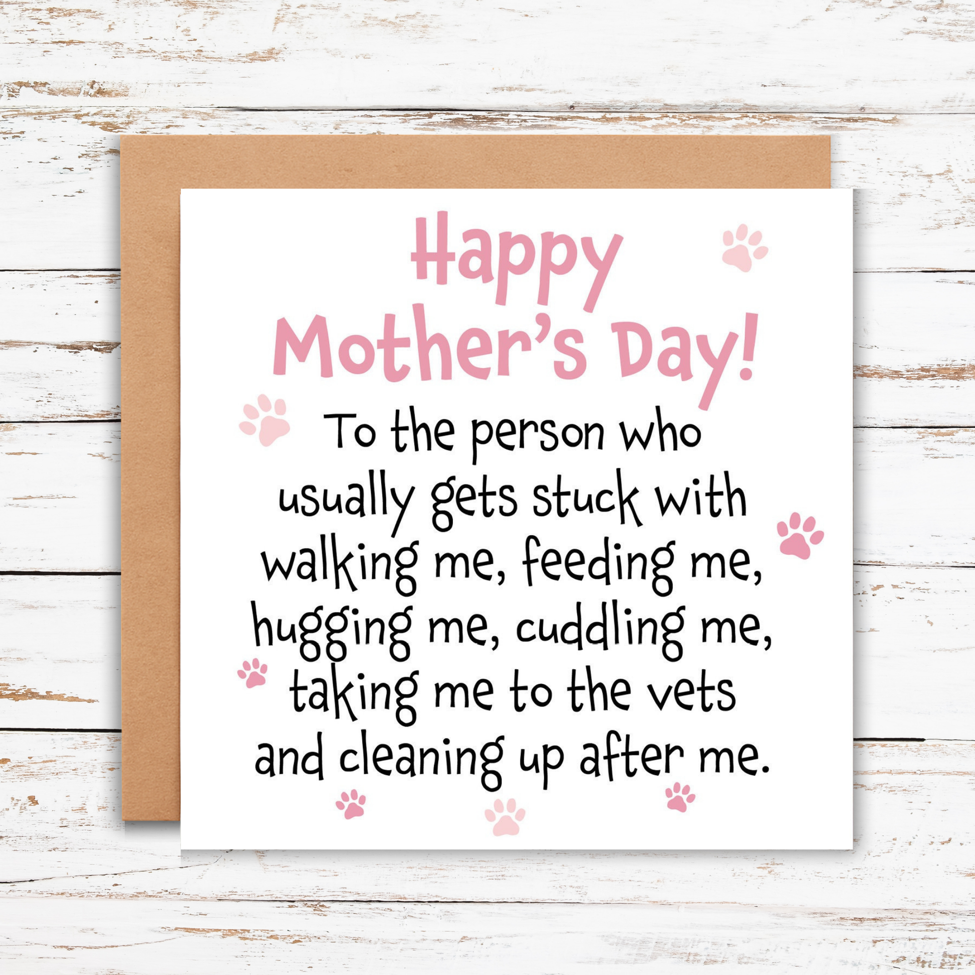 Mother's Day card for a pet owner with pink text and paw prints on a wooden background