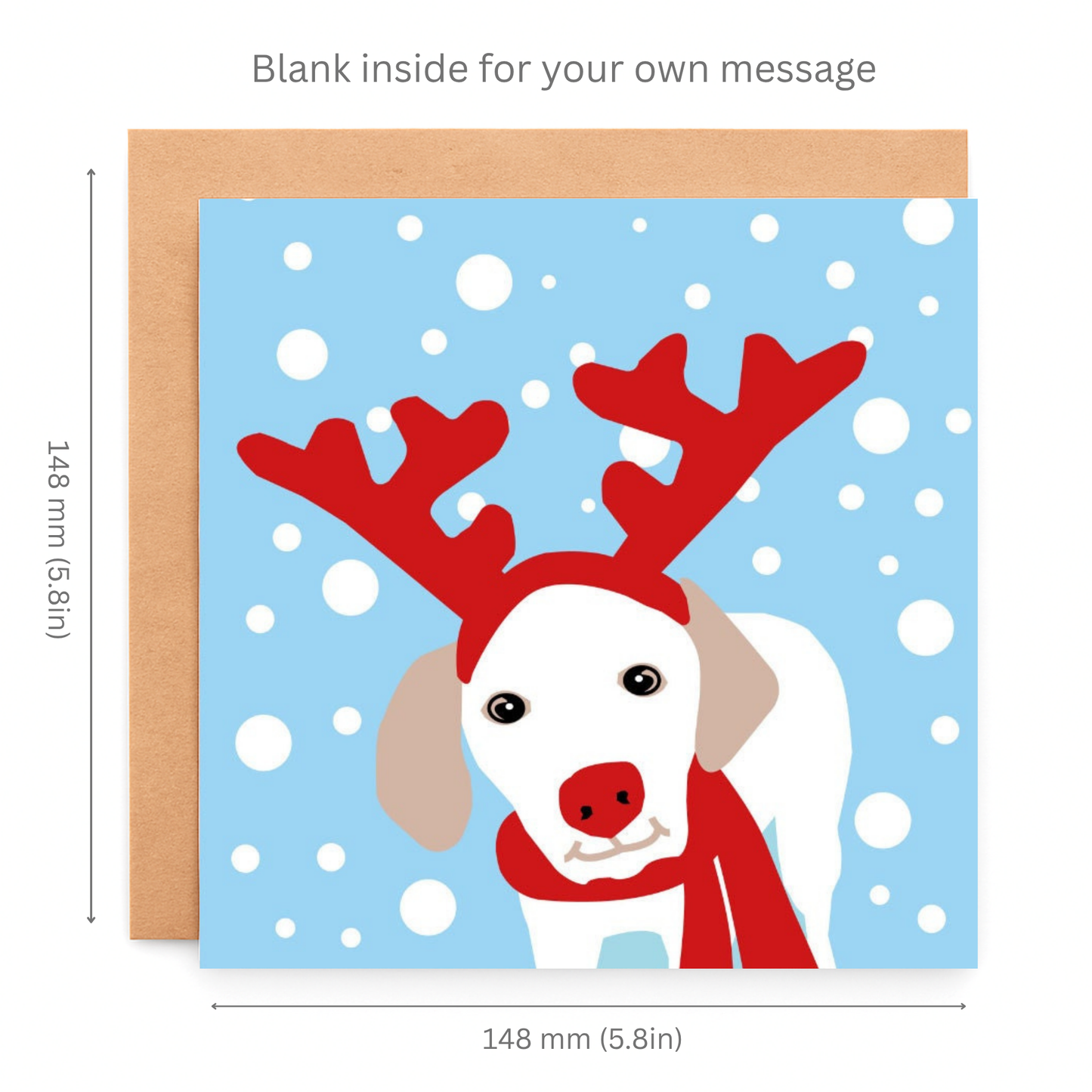 Greeting card with a dog wearing reindeer antlers and a red scarf on a blue snowy background.