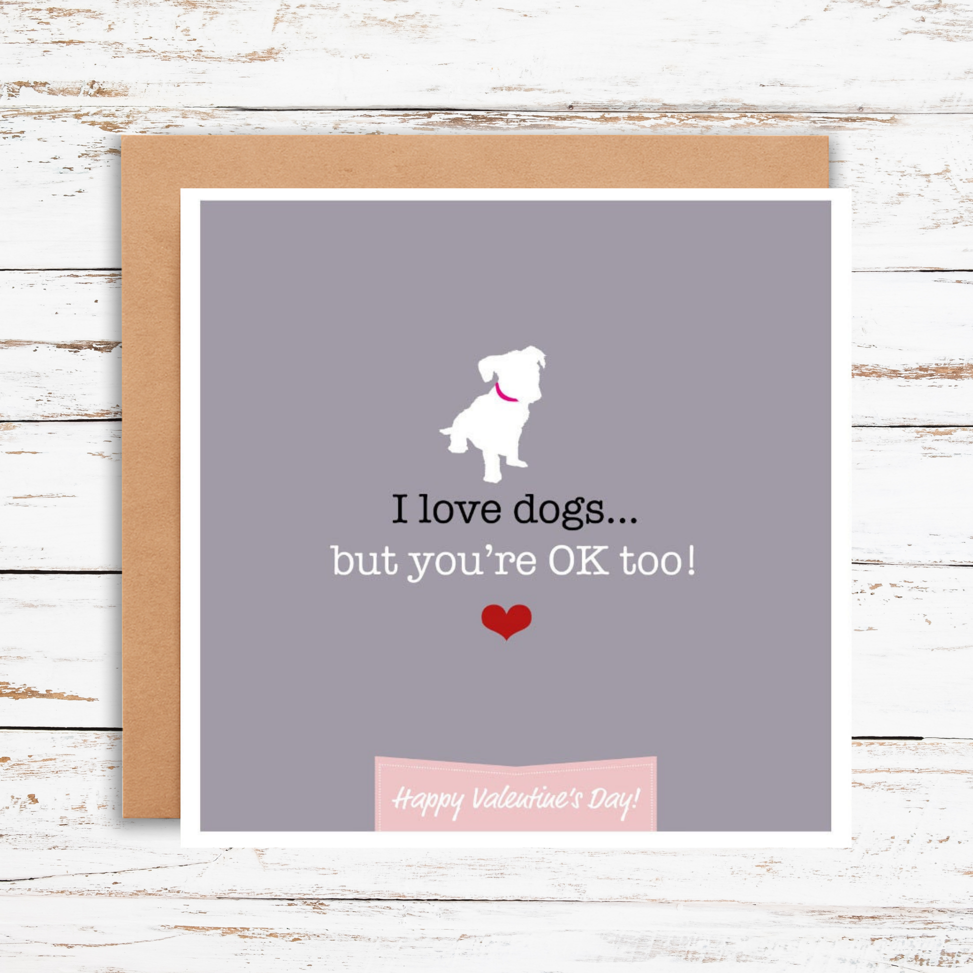 Valentine's Day card with a dog illustration and text on a gray background