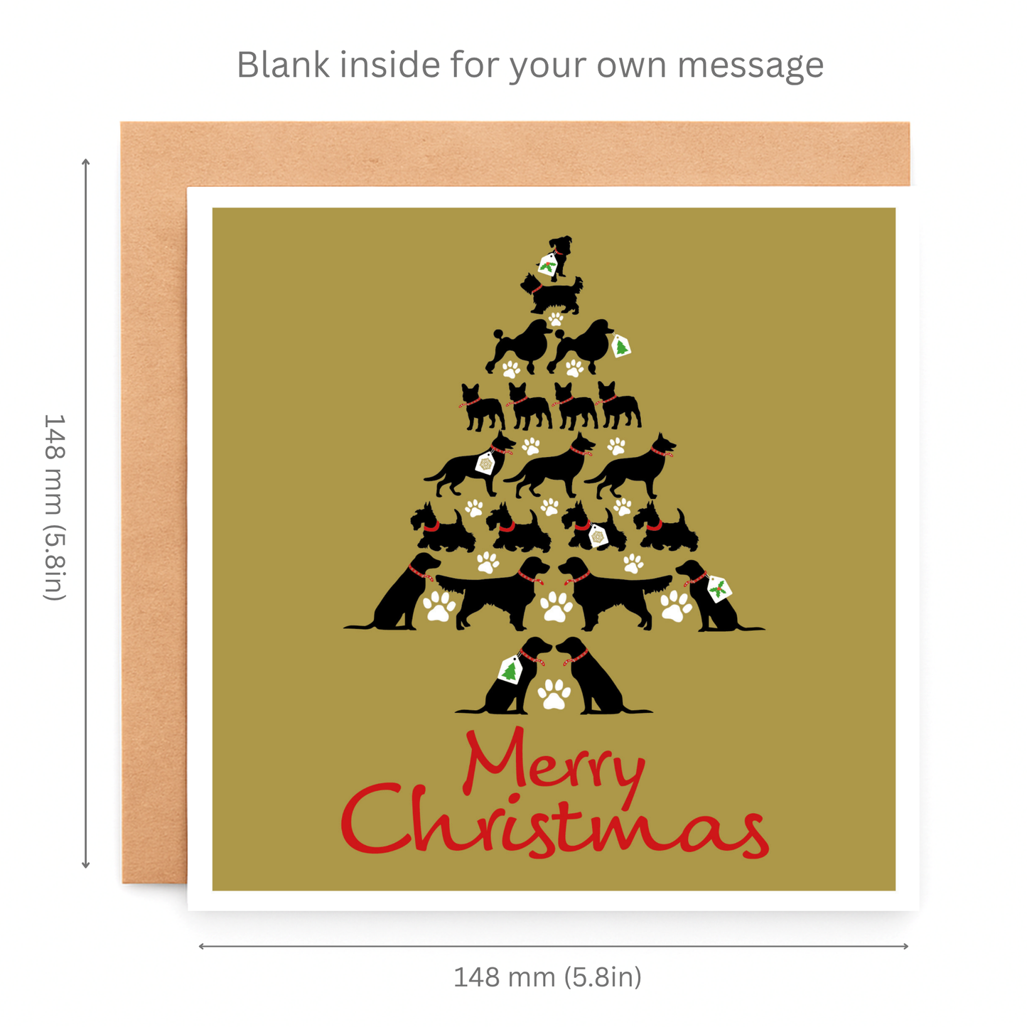 Christmas card with a dog-themed tree design on a gold background