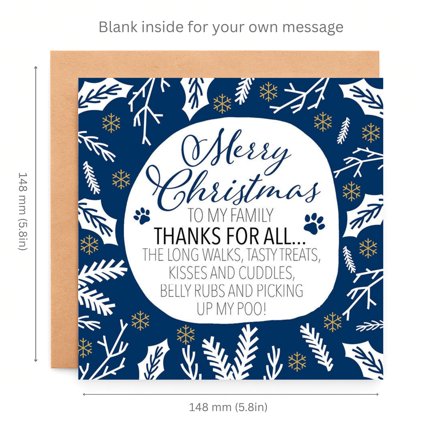 Christmas card with decorative border and text on a blue background