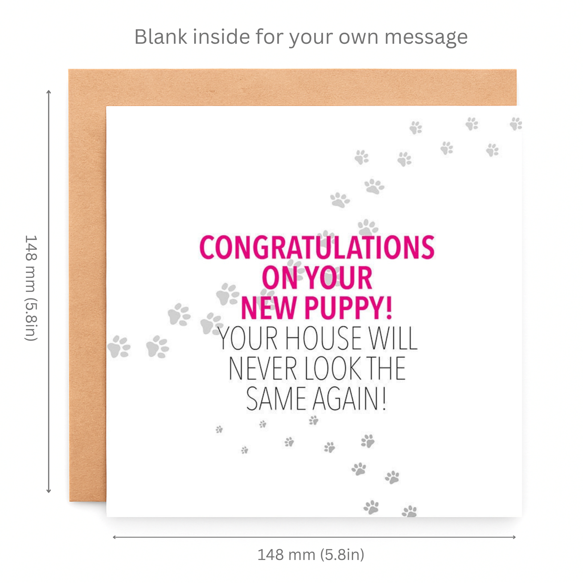 Greeting card with 'Congratulations on your new puppy!' text and dimensions on a white background.