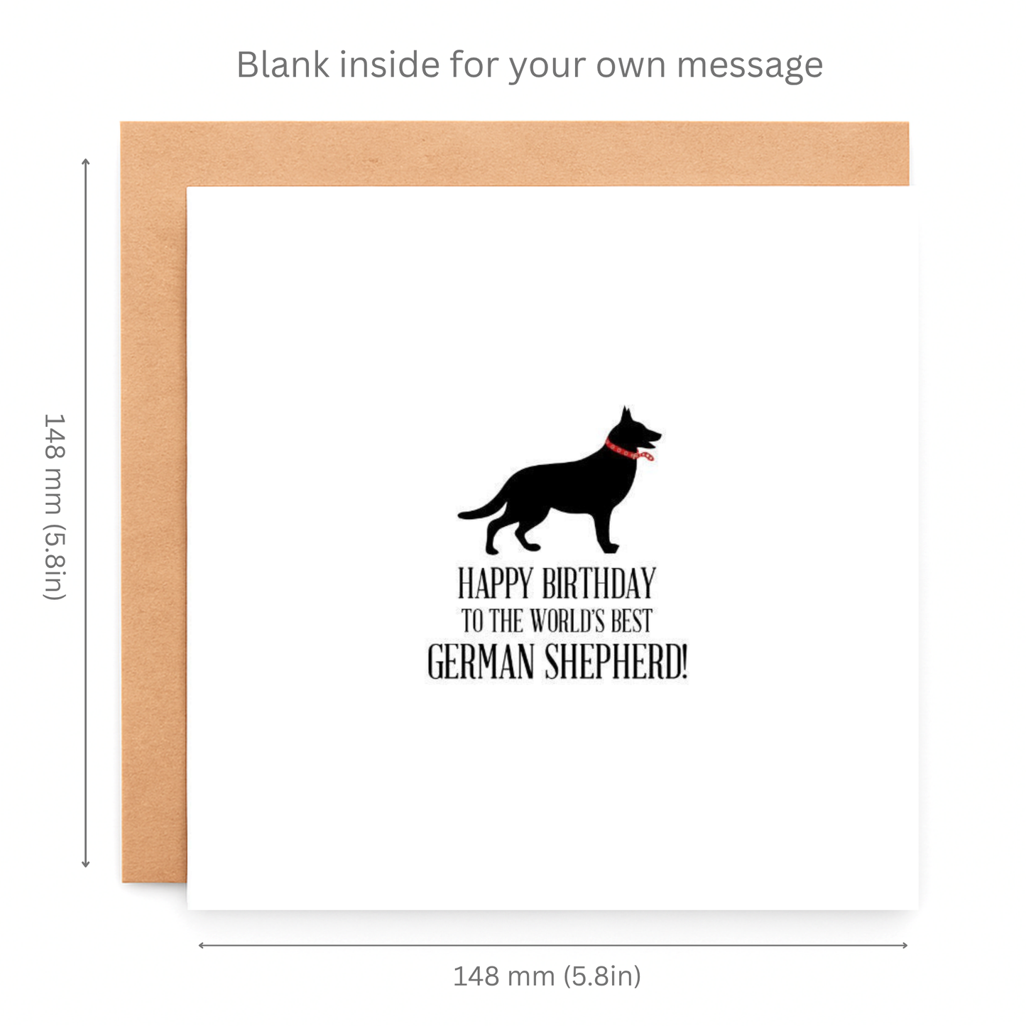 Greeting card with a black silhouette of a German Shepherd and text 'Happy Birthday to the world's best German Shepherd!' on a white background.