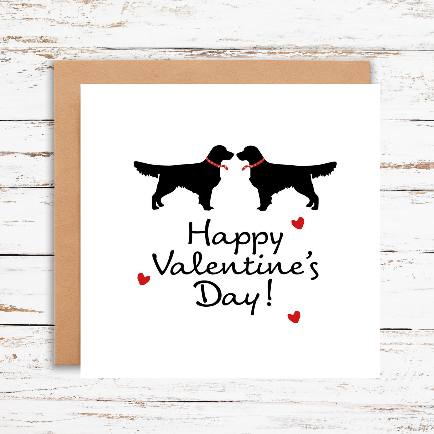 Valentine's Day card with two black dogs and 'Happy Valentine's Day!' text on a white background.