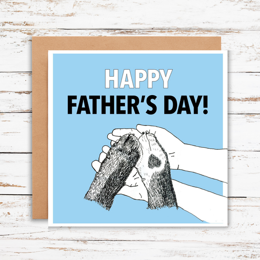 Father's Day card with illustration of hands holding a heart on a blue background