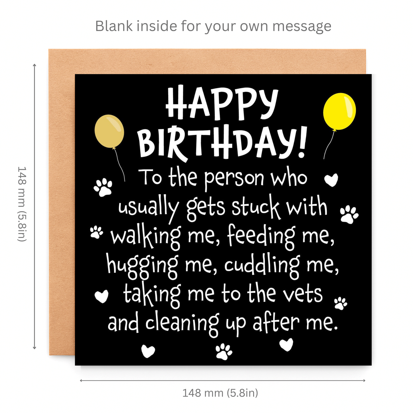 Birthday card for a pet with text and balloons, dimensions shown.
