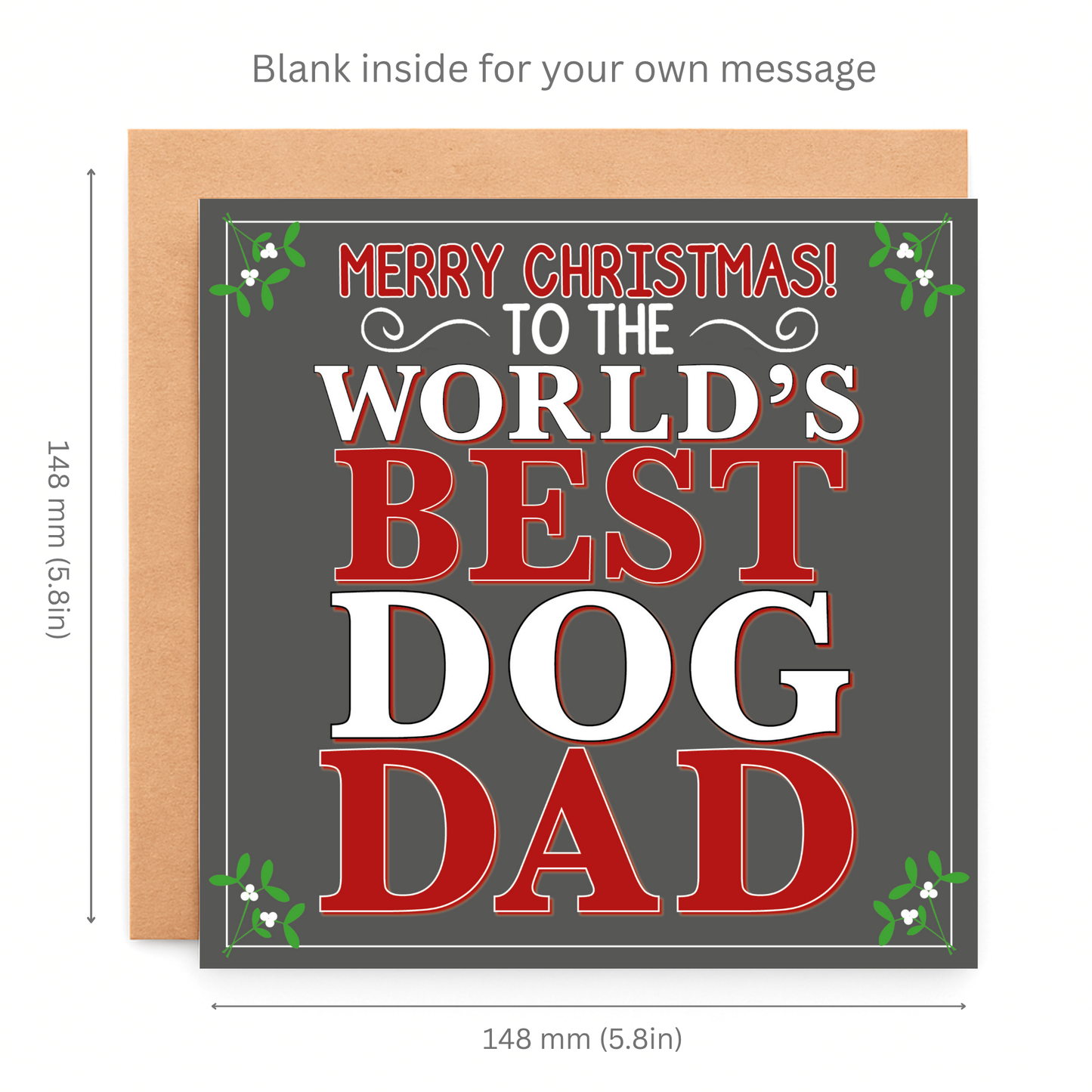 Greeting card with 'Merry Christmas to the World's Best Dog Dad' text on a gray background.