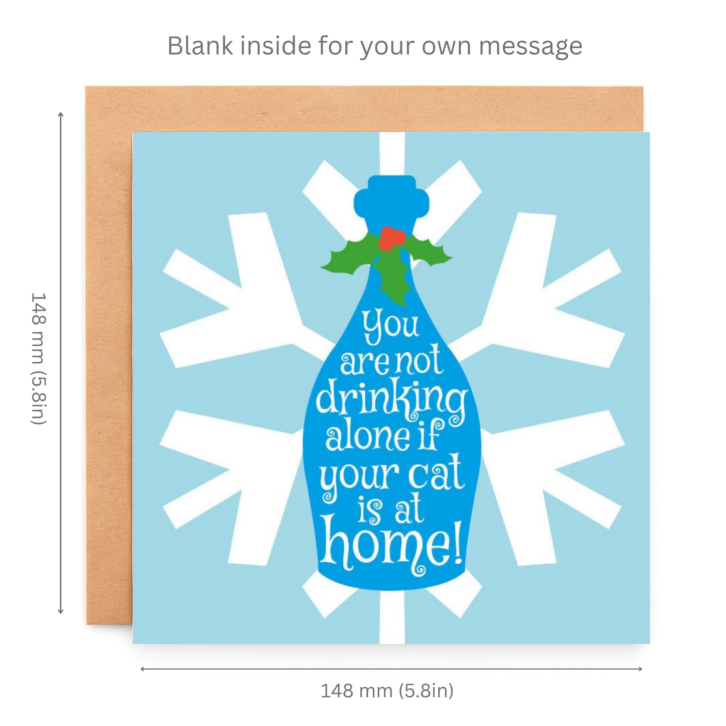 Greeting card with blue wine bottle and snowflake design, featuring text and dimensions.