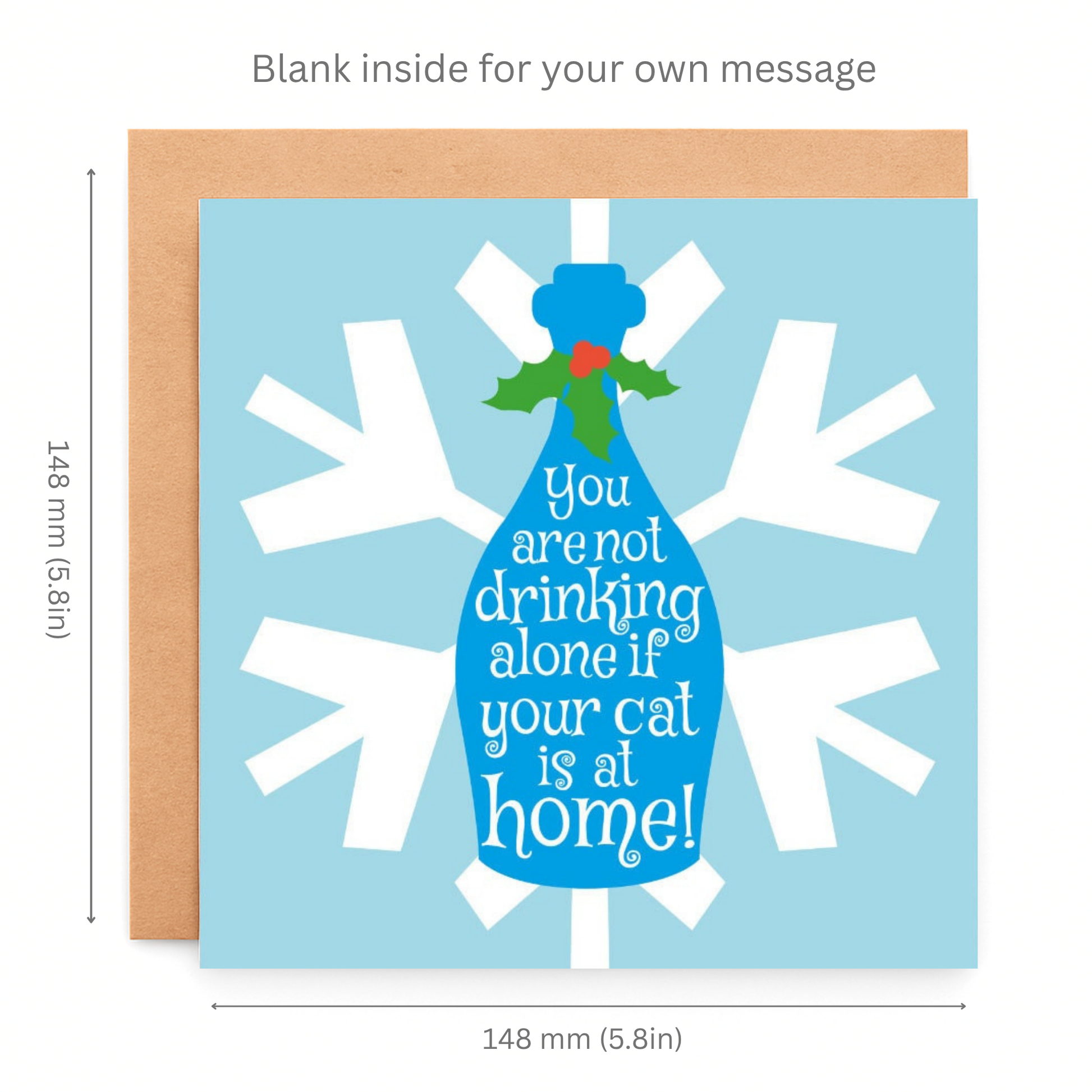 Greeting card with blue wine bottle and snowflake design, featuring text and dimensions.