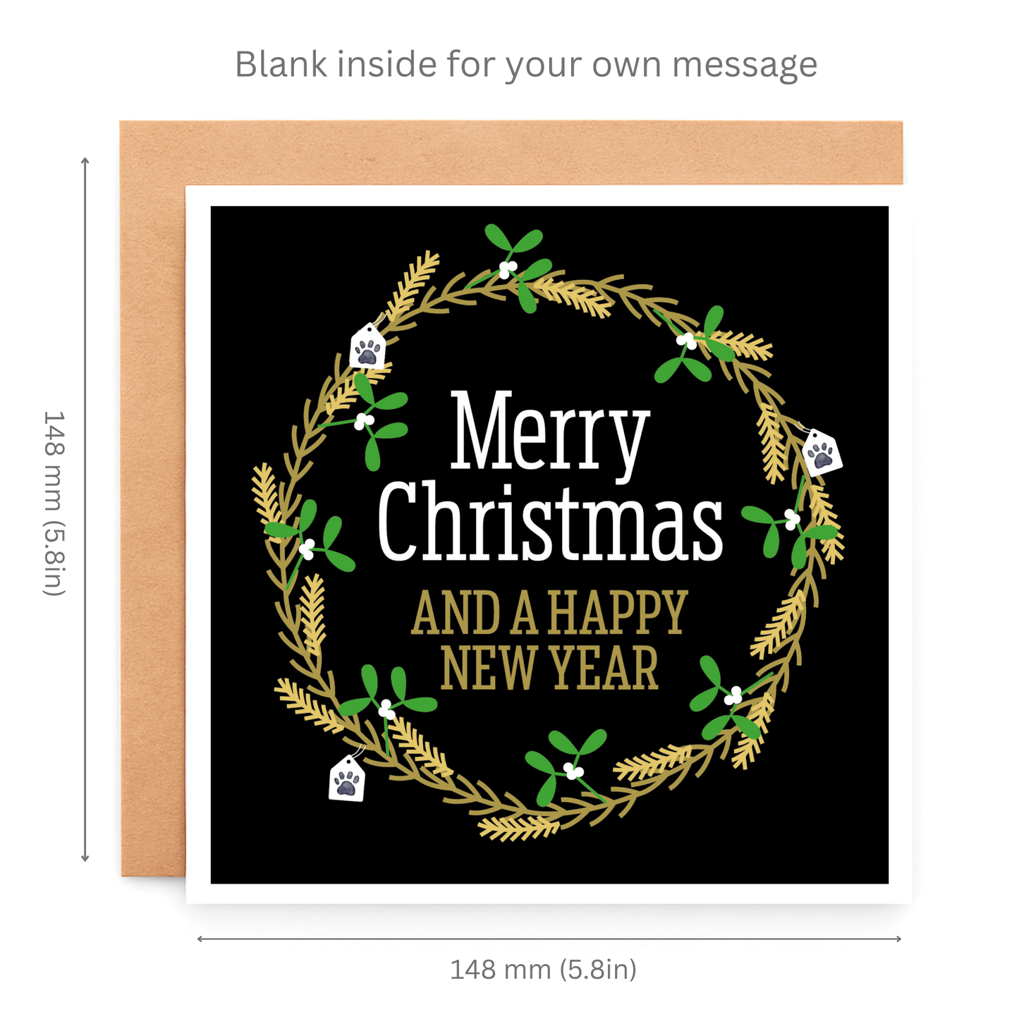 Christmas card with wreath design and text on a black background